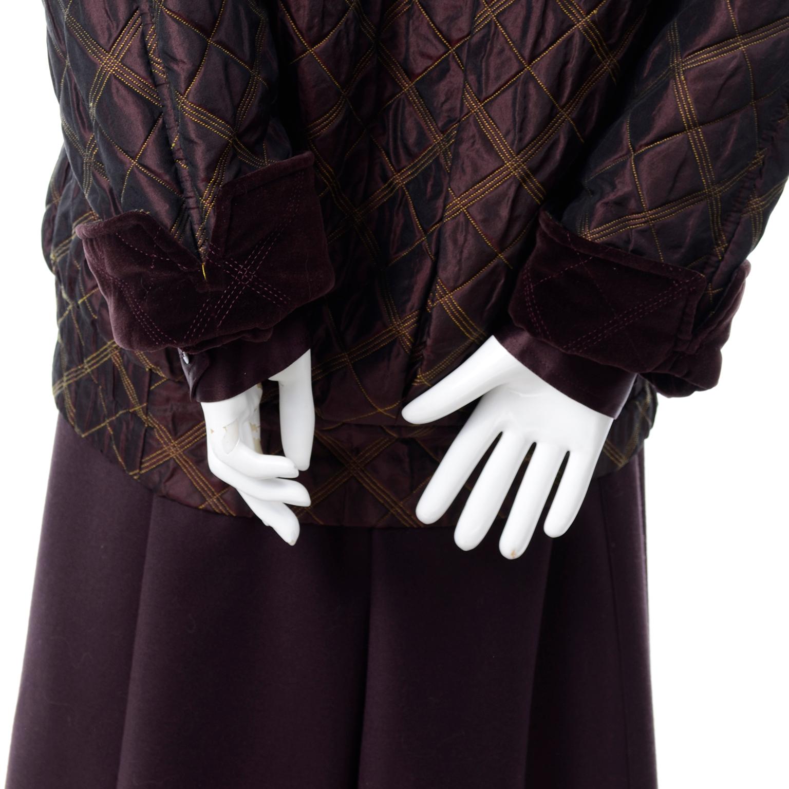 1980s Escada New w Tags 3 Piece Burgundy Quilted Jacket Skirt & Silk blouse Suit 12