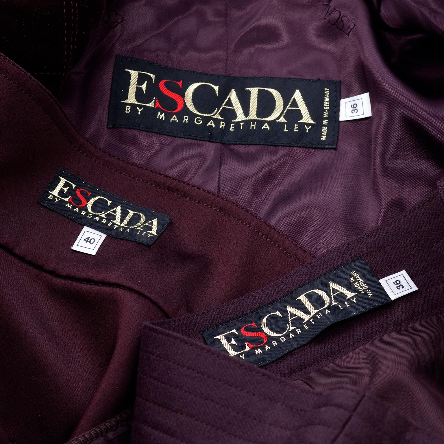 1980s Escada New w Tags 3 Piece Burgundy Quilted Jacket Skirt & Silk blouse Suit 14