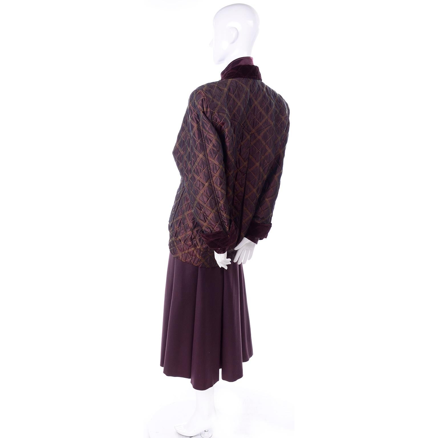 1980s Escada New w Tags 3 Piece Burgundy Quilted Jacket Skirt & Silk blouse Suit 1