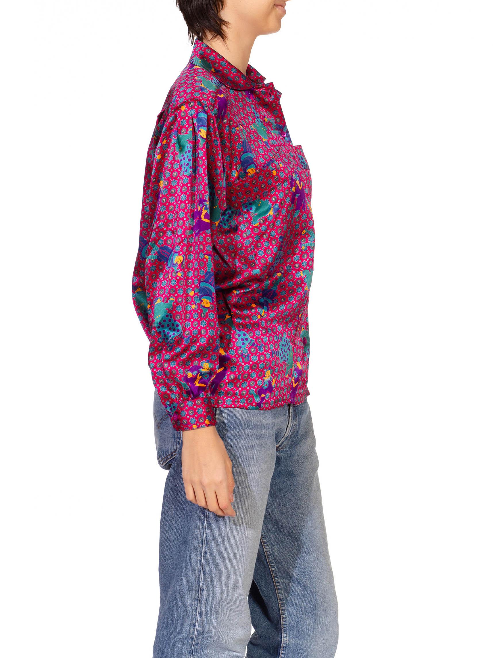 Brown 1980S Escada Pink & Purple Silk Clown Flower Printed Blouse