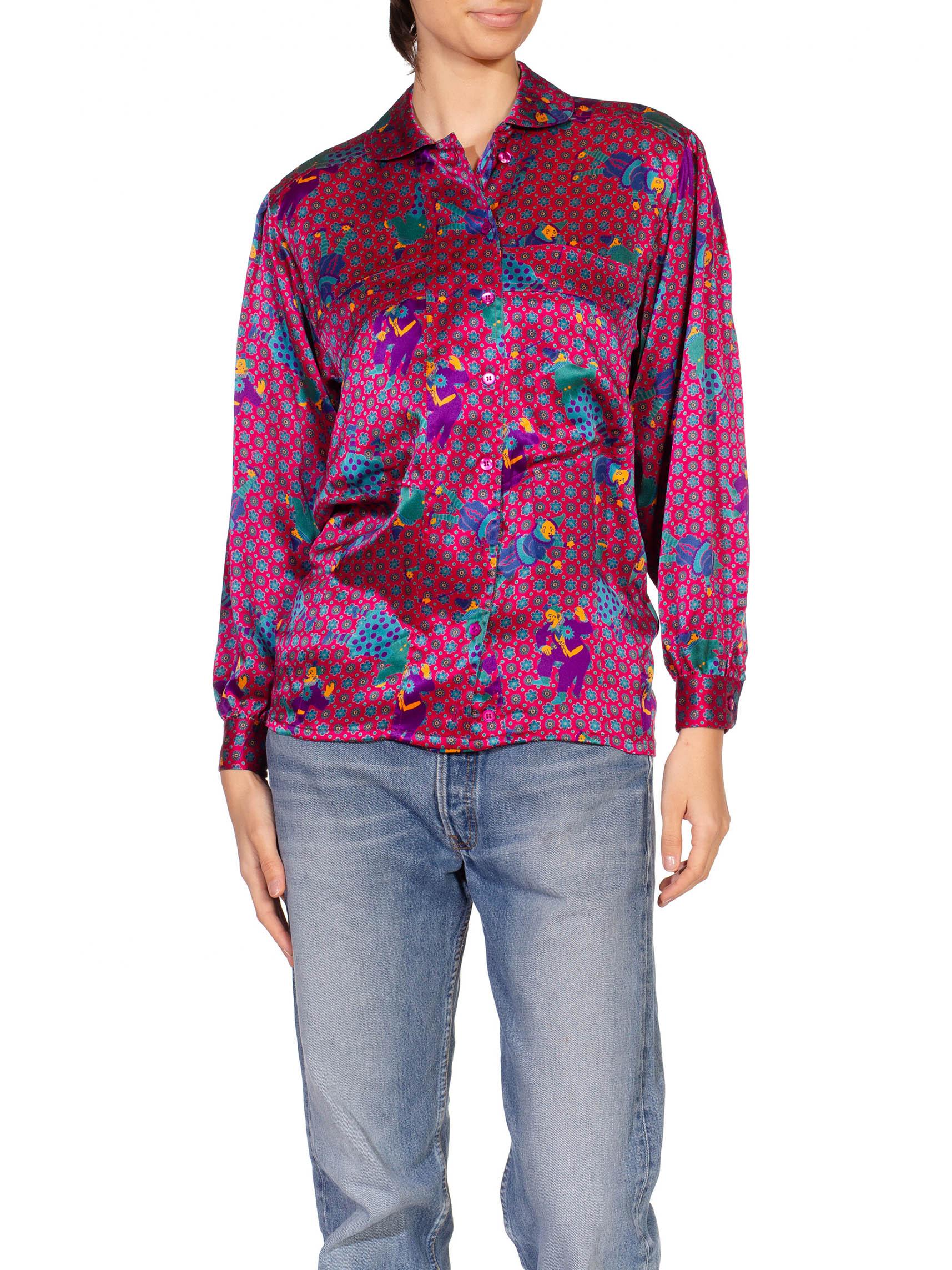 1980S Escada Pink & Purple Silk Clown Flower Printed Blouse In Excellent Condition In New York, NY