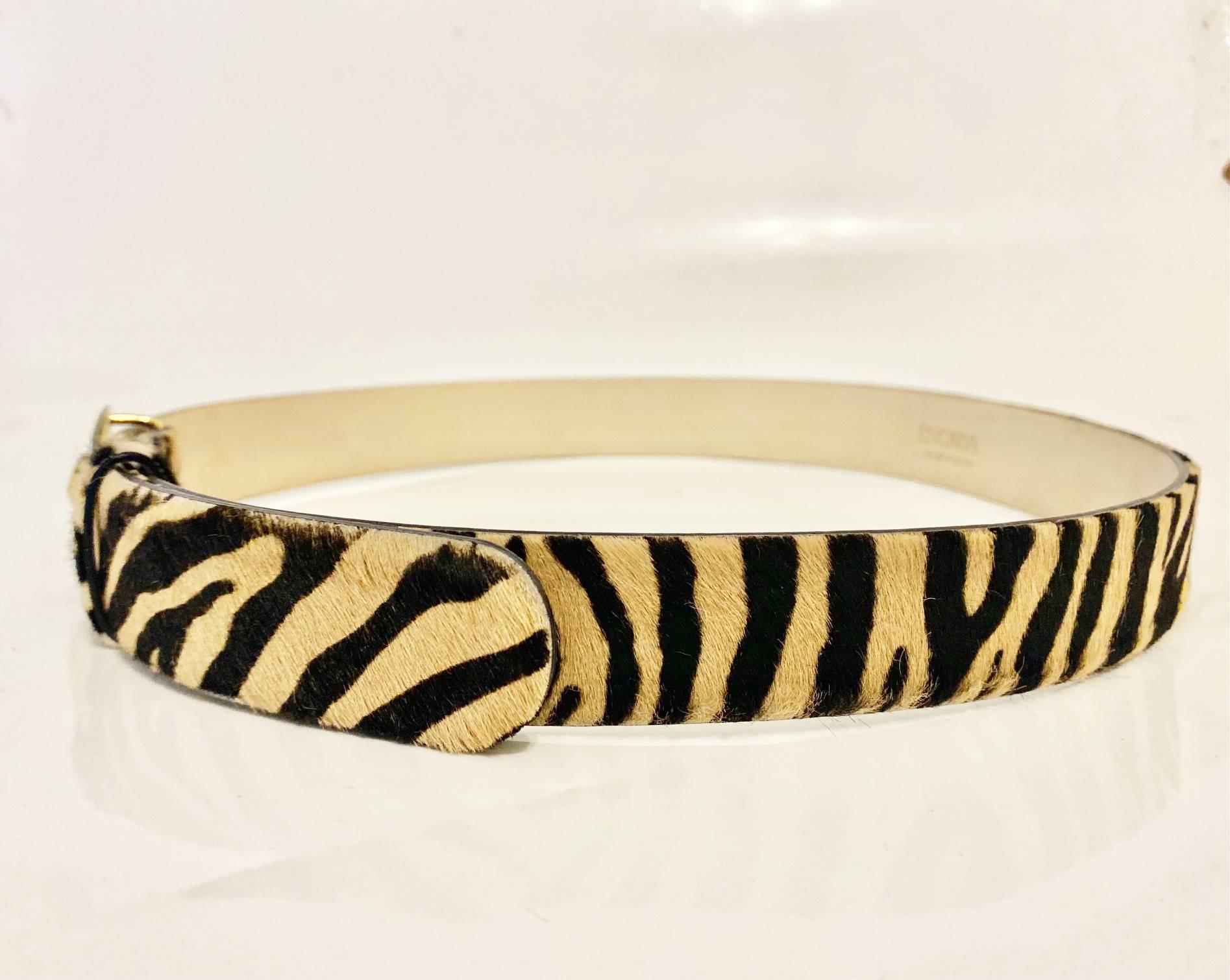 1980s Escada Pony Animal Print Belt with Gold Leopard Charm Buckle For Sale 1