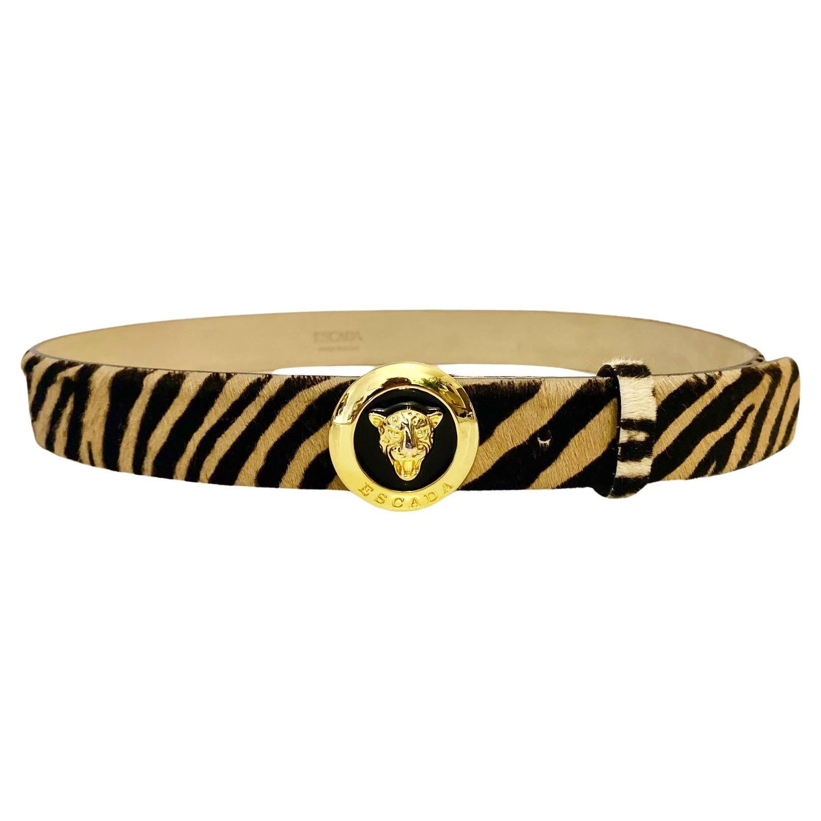 1980s Escada Pony Animal Print Gold Leopard  Buckle Belt