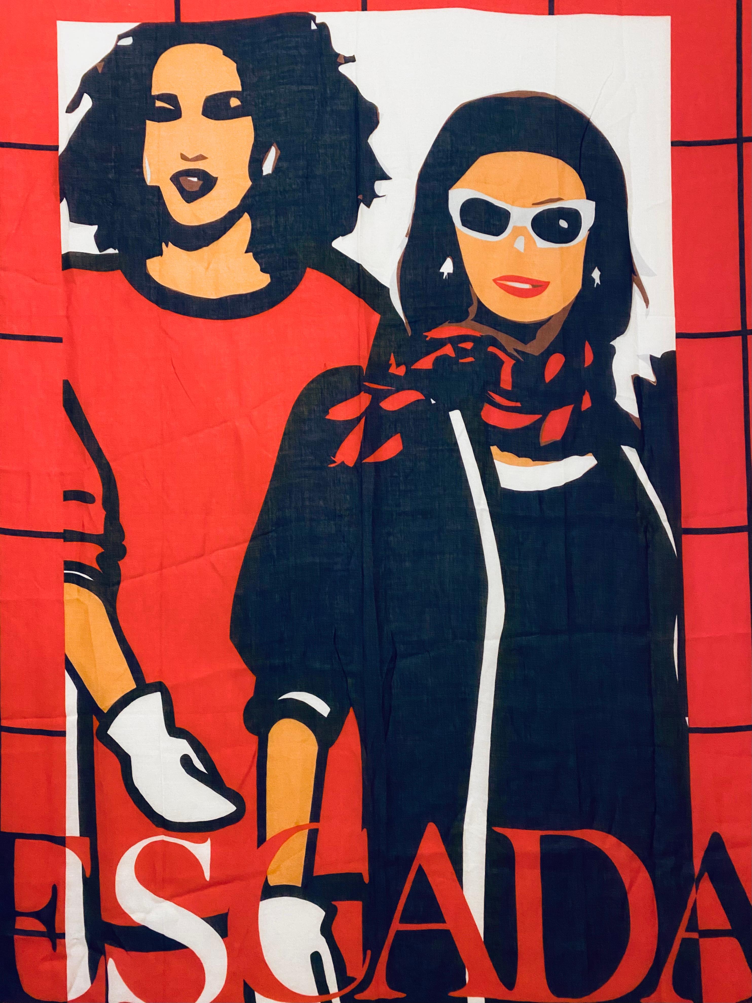 Women's or Men's 1980s Escada Logo Extra Large Novelty Red Scarf  For Sale
