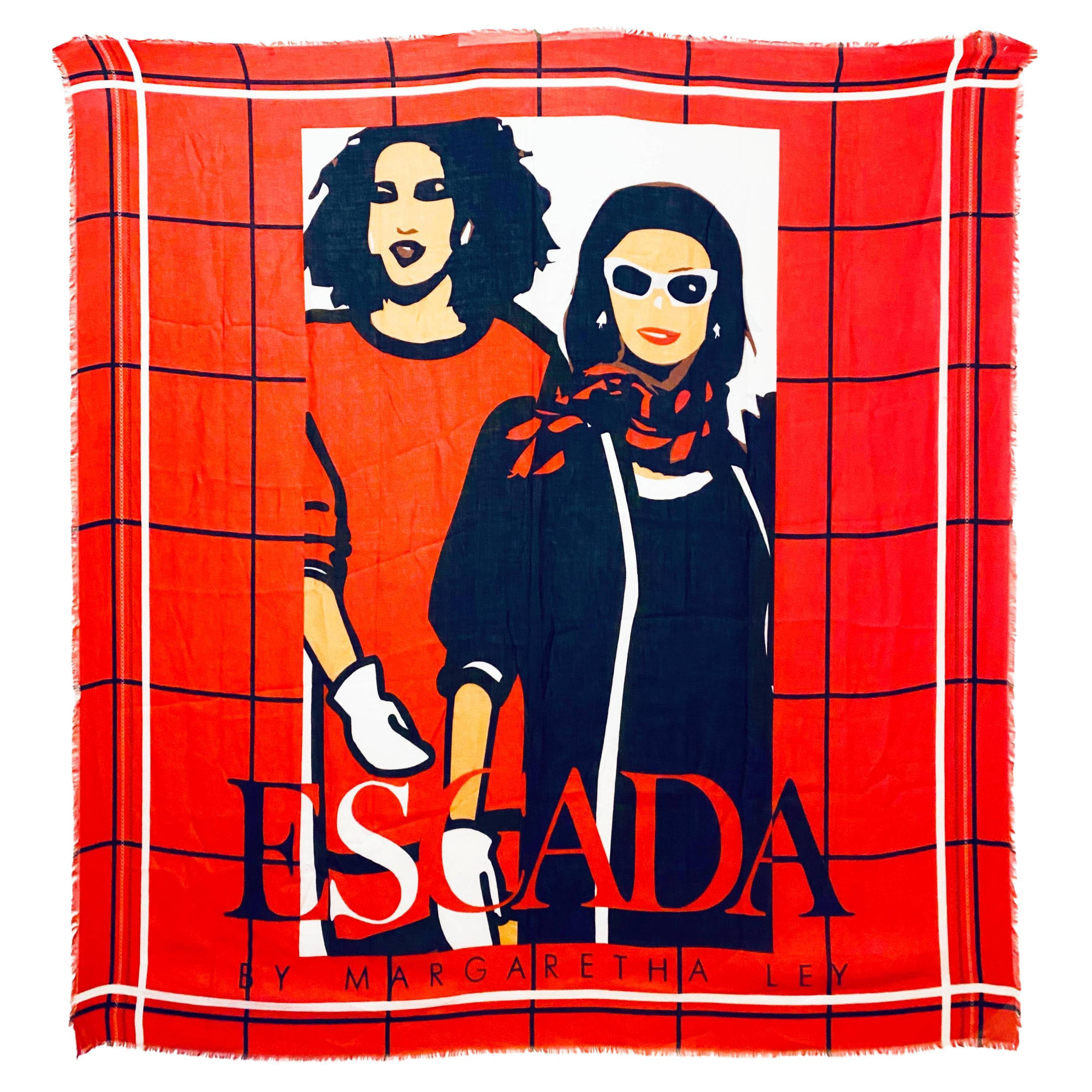 1980s Escada Logo Extra Large Novelty Red Scarf  For Sale