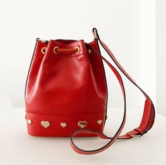 1980s Escada Red Leather Gold Metal Heart Drawstring Bag
