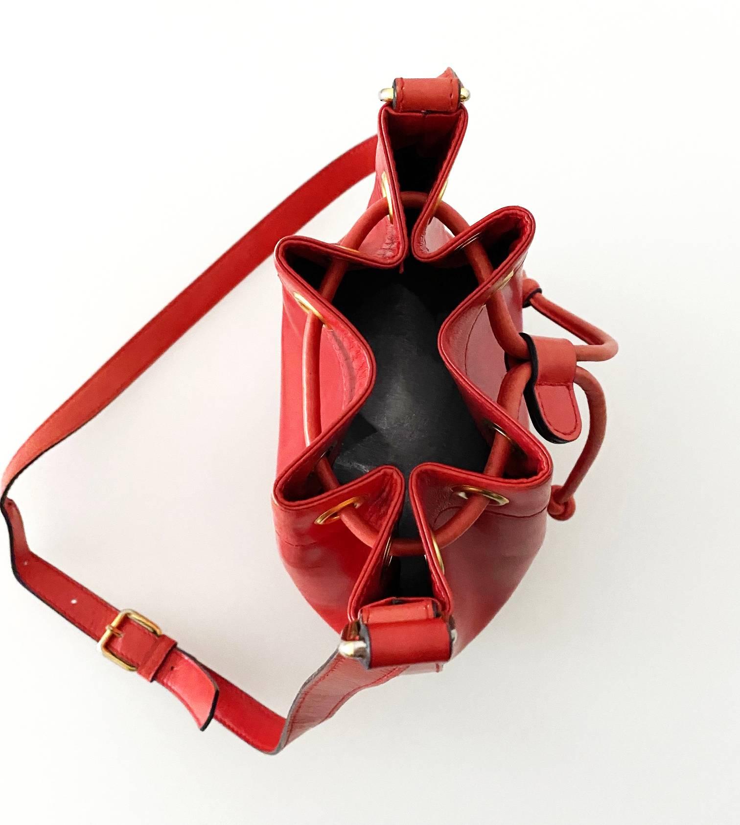 1980s Escada Red Leather Gold Metal Heart Drawstring Bag In Excellent Condition In London, GB