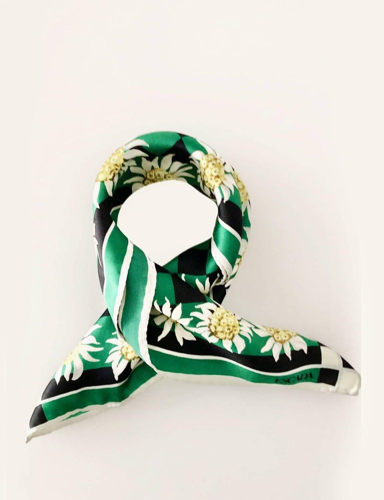 1980s Escada Silk Squared Checkered Edelweiss Print Scarf at 1stDibs