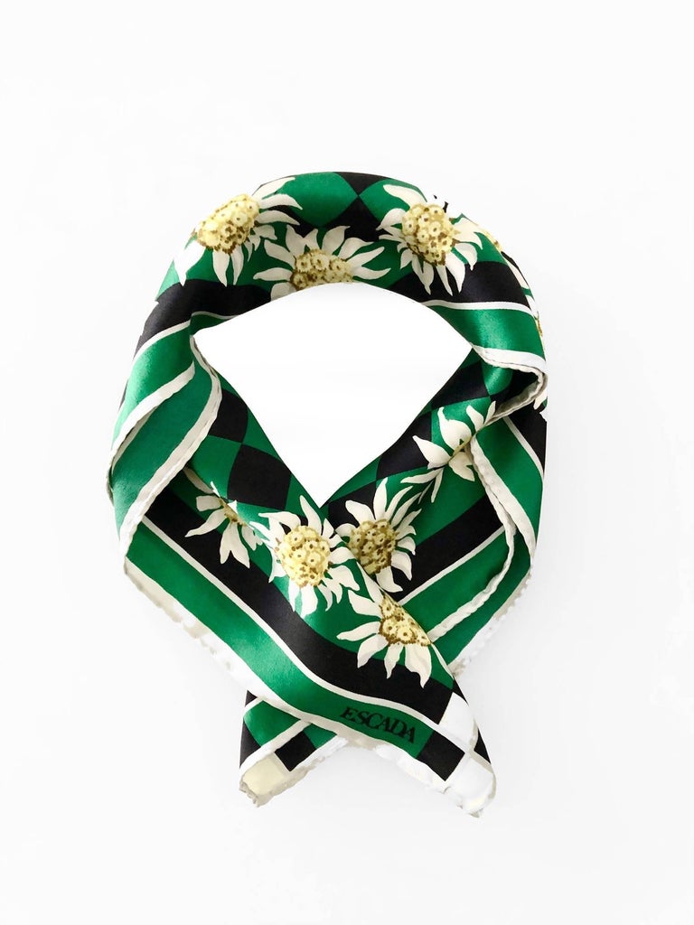 1980s Escada Silk Squared Checkered Edelweiss Print Scarf at 1stDibs