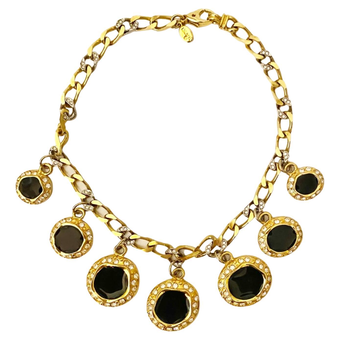 ESCADA Statement Chunky Necklace Enameled & Swarovski Rhinestones Gold Plated with silver tone chunky Link Chain, sparkly rhinestones

Measurements:  17” inch long 
Condition: 1980s, In very good condition