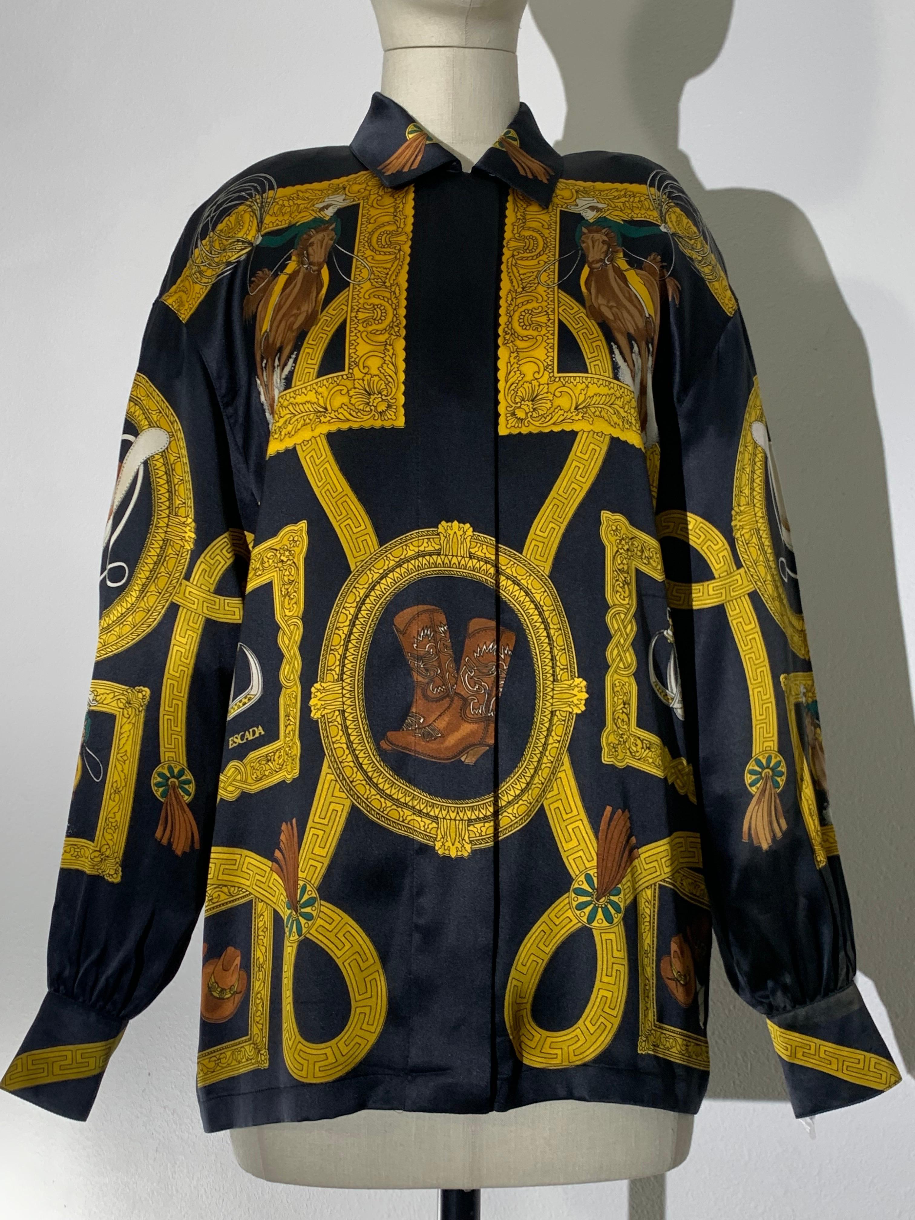 1980er Escada Langärmeliges Seidenhemd mit Western-Themen und langen Ärmeln Schwarz mit Cowboy & Stiefeln im Zustand „Hervorragend“ im Angebot in Gresham, OR