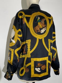 1980s Escada Western-Themed Silk Long-Sleeved Shirt Black w Cowboy & Boots