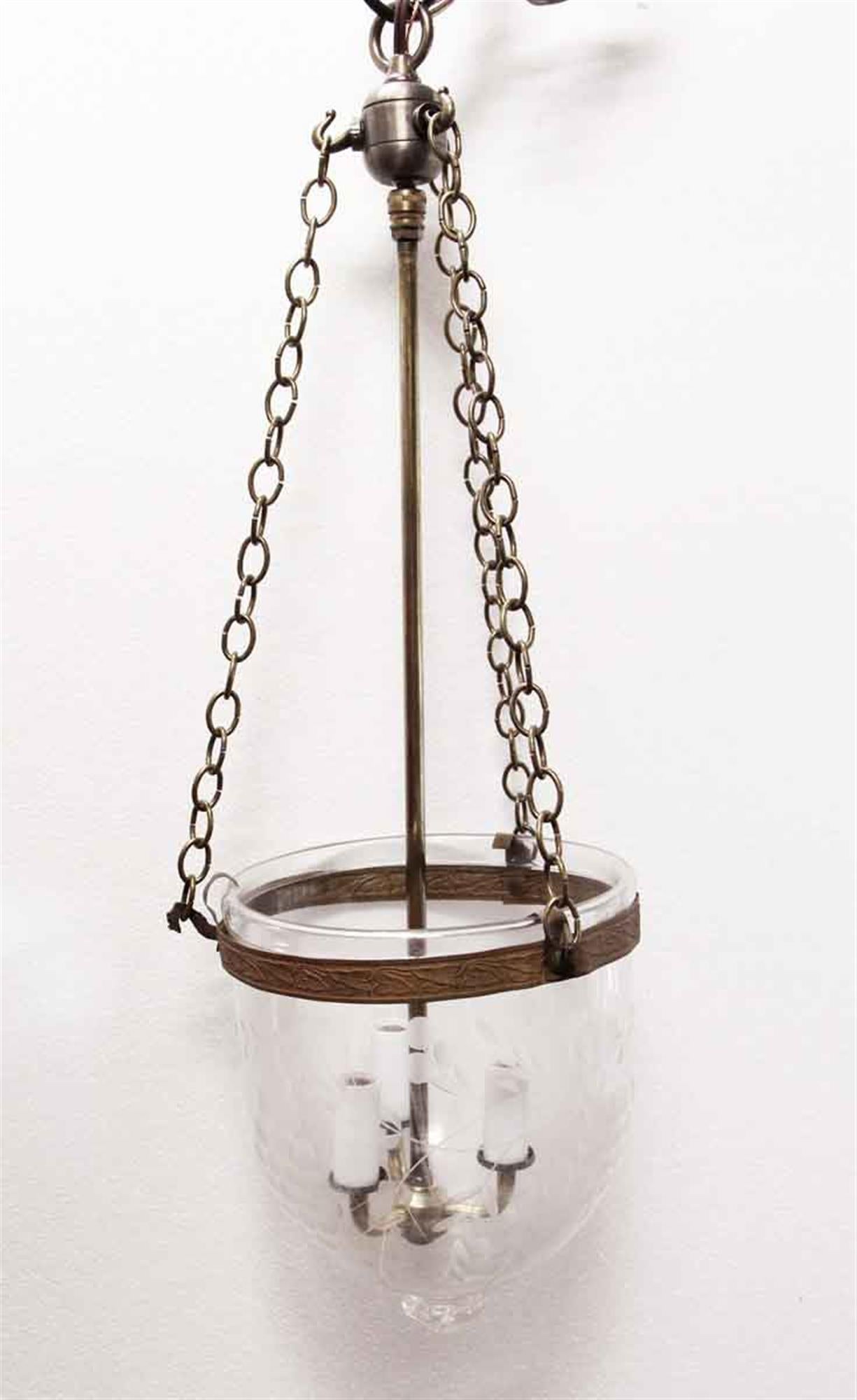 American 1980s Etched Clear Bell Jar Pendant Light