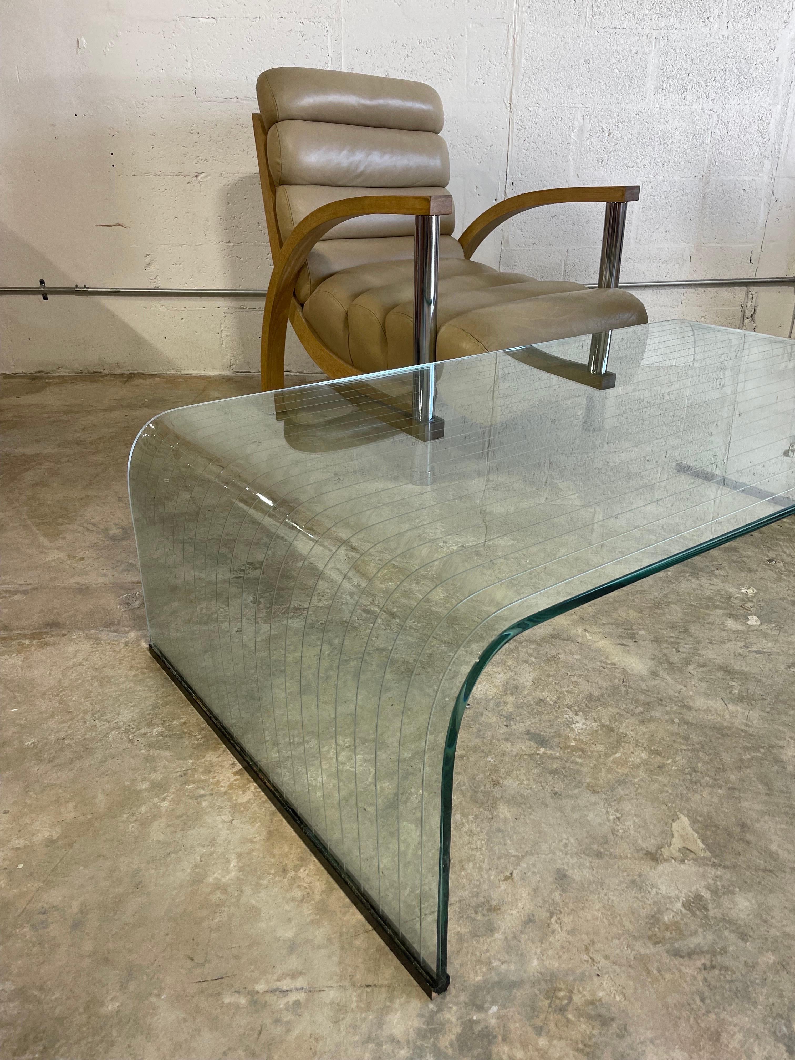 Minimalist 1980s Etched Glass Waterfall Table by Angelo Cortesi for Fiam For Sale