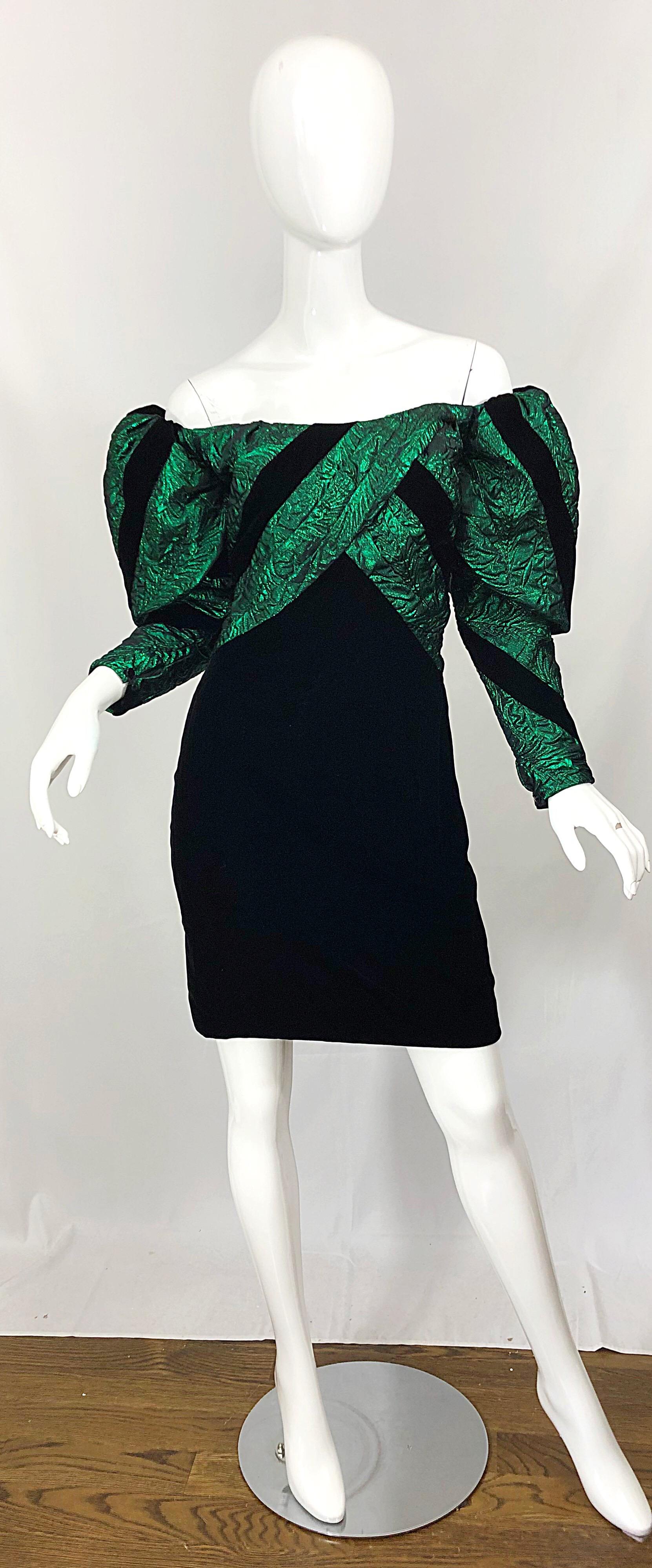 Avant Garde EUGENE ALEXANDER 1980s green silk brocade and black silk velvet off the shoulder mini dress! Features an off-the-shoulder bodice in a pretty green hue. Oversized pouf sleeves add just the right amount of volume. Soft black silk velvet