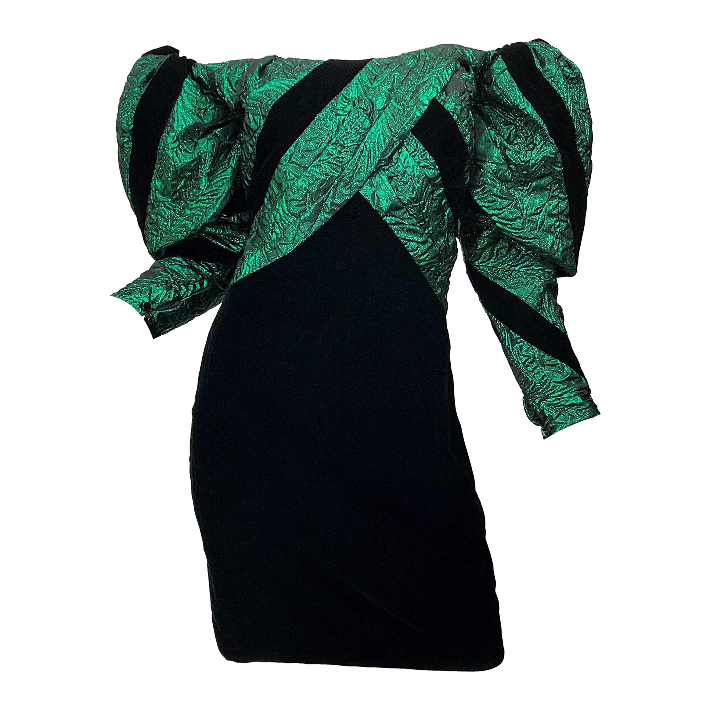 1980s Eugene Alexander Avant Garde Green + Black Vintage 80s Mini Dress