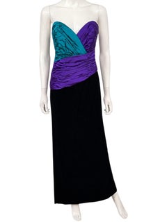 1980’s Eugene Alexander Colorblock Ruched Strapless Velvet Evening Gown