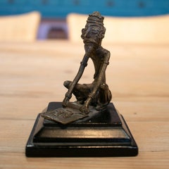 1980s European Sitting Man Bronze Figure Statue w/ Wooden Base