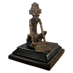 1980s European Sitting Man Bronze Figure Statue w/ Wooden Base