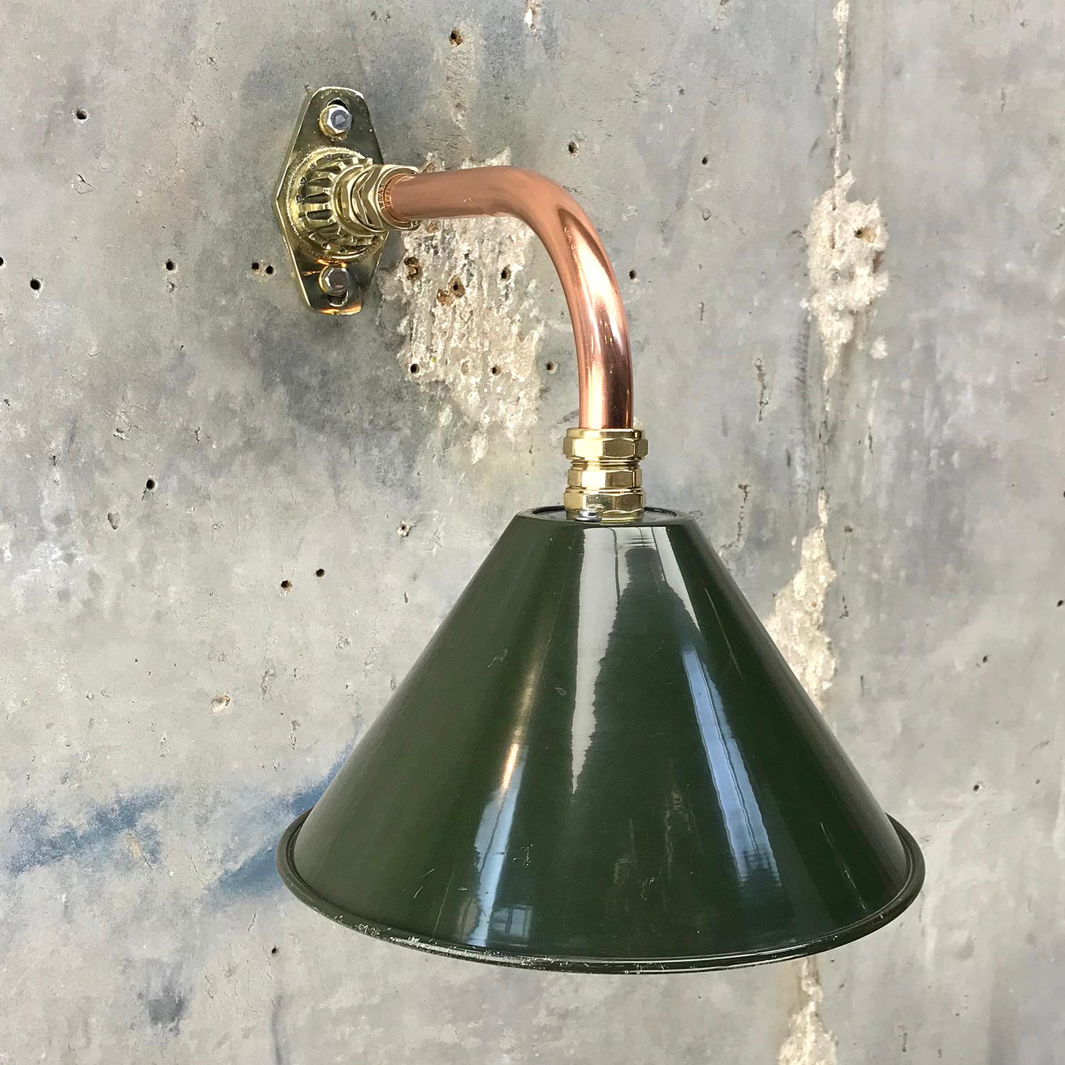 Industrial 1980s Ex British Army Light Shade / Copper and Brass Cantilever, Original Green For Sale
