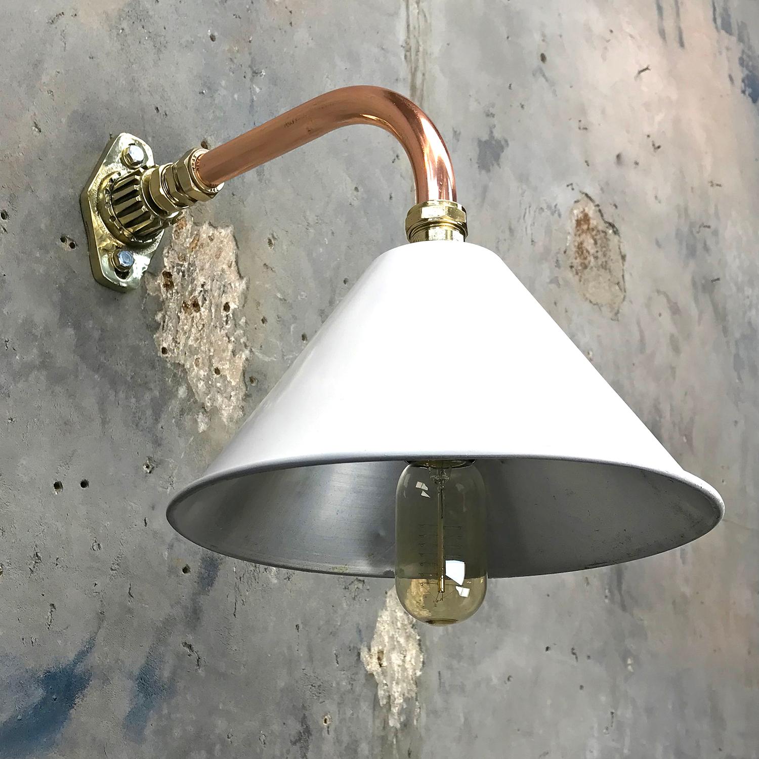 Industrial 1980s Ex British Army Light Shade / Copper and Brass Cantilever, White For Sale