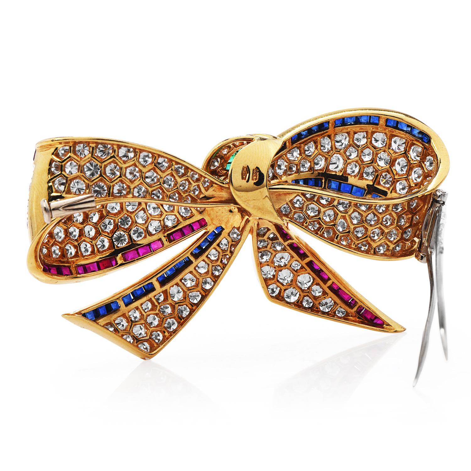 Modern 1980s, Exceptional Large Diamond Multi Gem 18k Gold Bow Pin Brooch