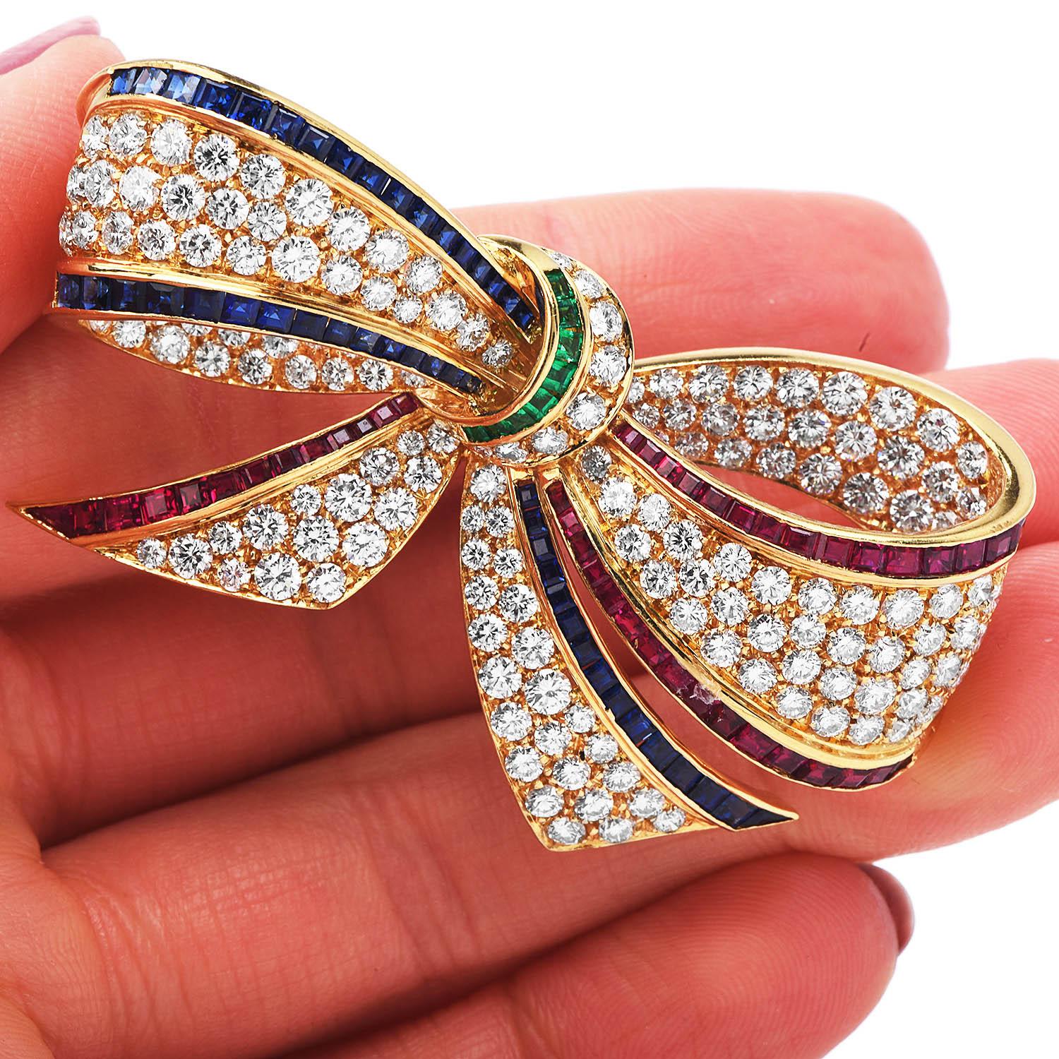 Round Cut 1980s, Exceptional Large Diamond Multi Gem 18k Gold Bow Pin Brooch