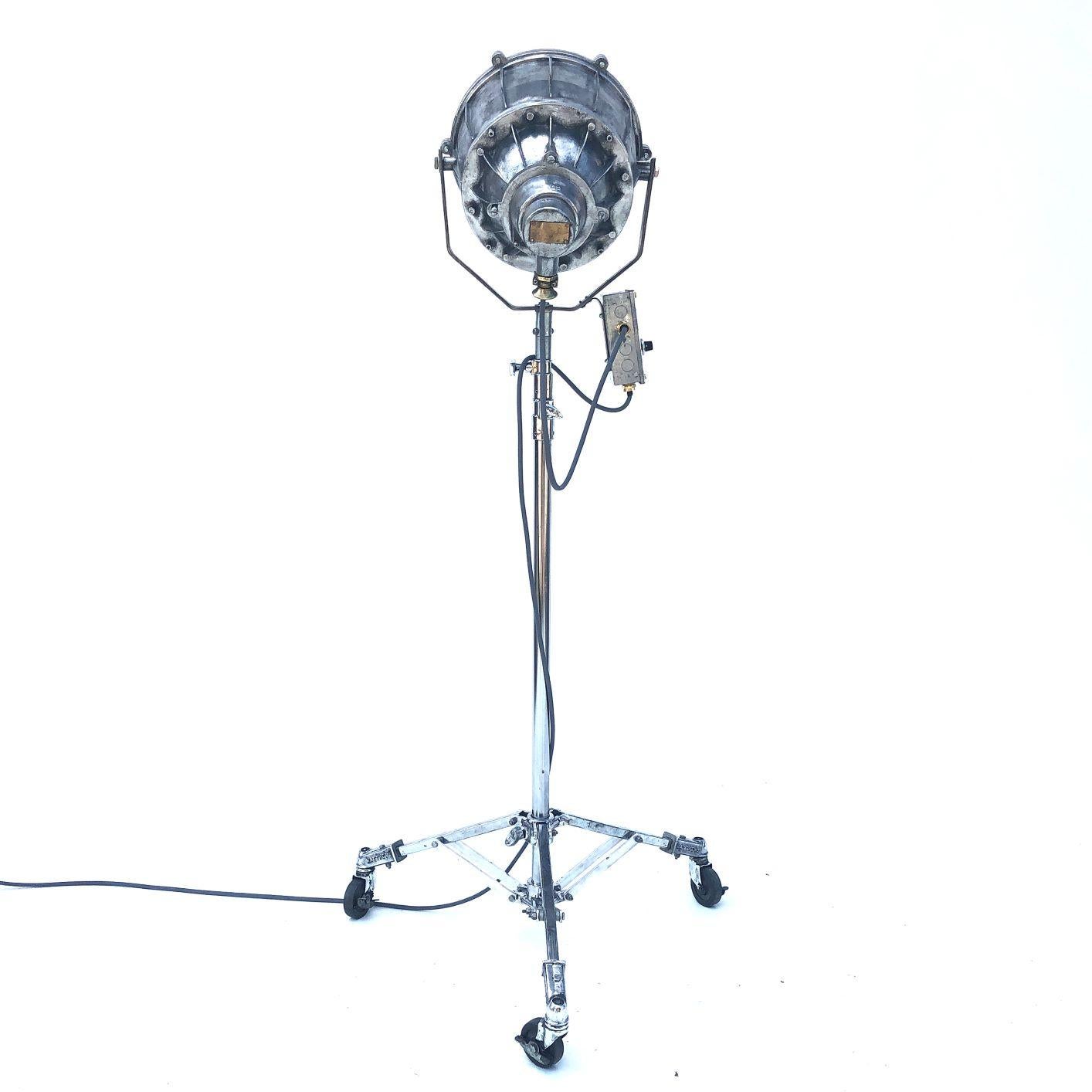 Late 20th Century 1980s Explosion Proof Aluminum Cargo Light Floor Lamp & Matthews Theatre Stand