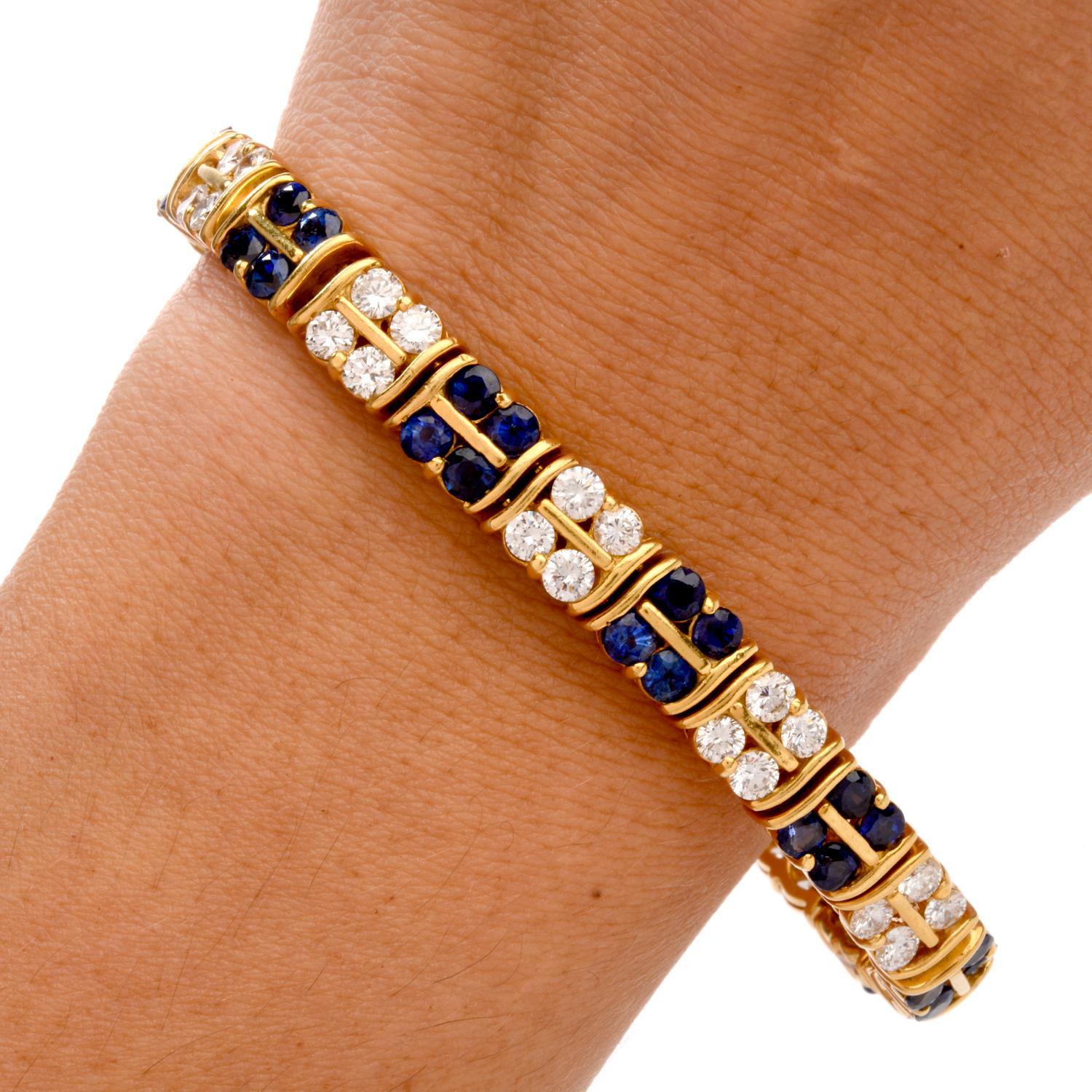 Something Old can be Something New and Something Blue!This exquisite Royal Blue colored Sapphire and Diamond italian made bracelet features an 

alternating pattern of 4 stone clusters in each link separated by a Double 