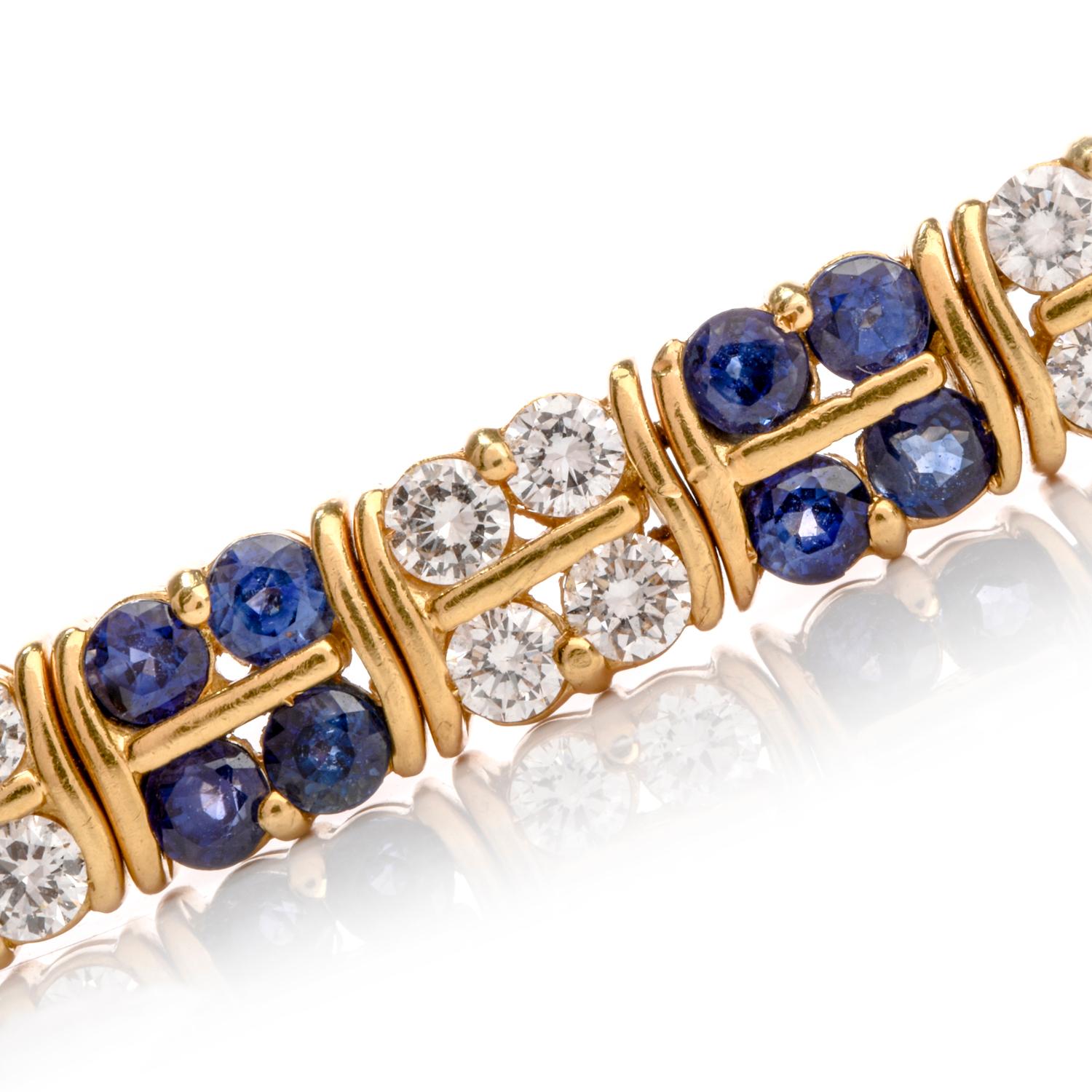 1980s Exquisite Diamond and Sapphire Double S Link 18 Karat Bracelet 1