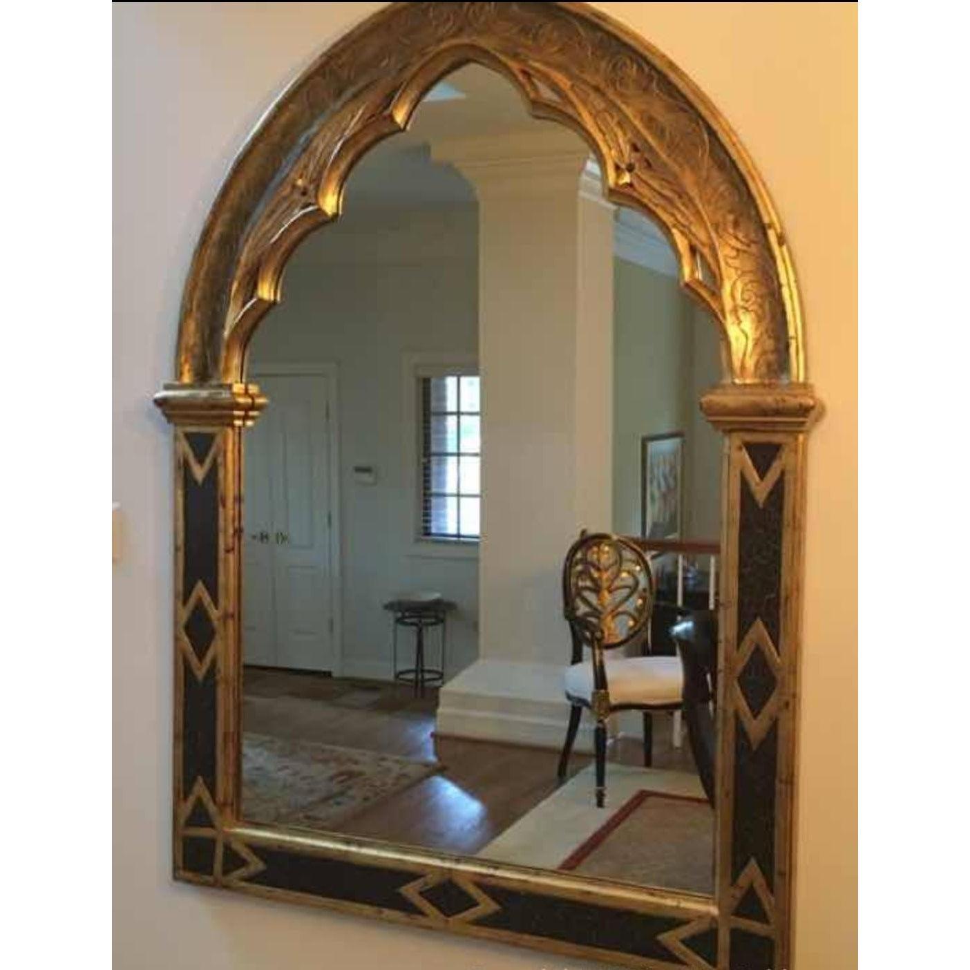 Harrison & Gil wooden mirror with gold and black frame. Marked with the Dauphine Harrison & Gil label. Circa 1980s. Made in Louisiana USA
Model No. G- 5180022.