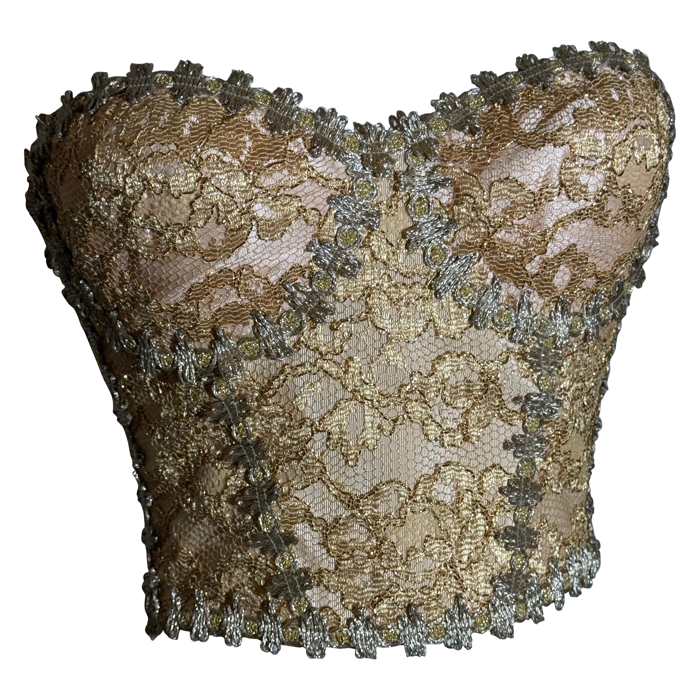 1980 Fabienne - NY Sassy Gold Lame Lace Bustier w Minutely Looping Metallic Trim en vente