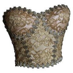 1980s Fabienne - NY Sassy Gold Lame Lace Bustier w Minutely Looped Metallic Trim