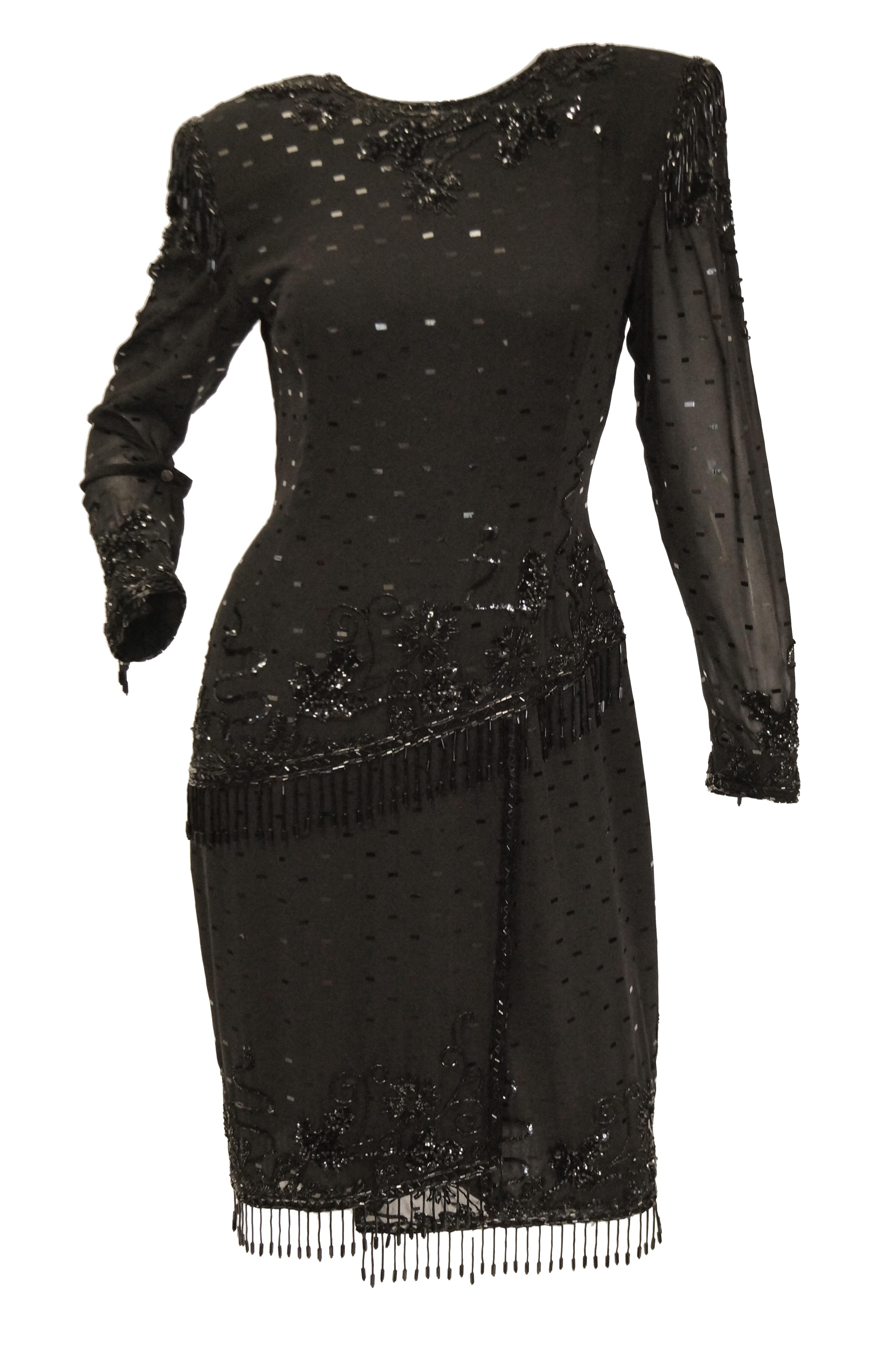 1980s Fabrice Black Silk Cocktail Dress with Floral Beading and Tassel For Sale 3