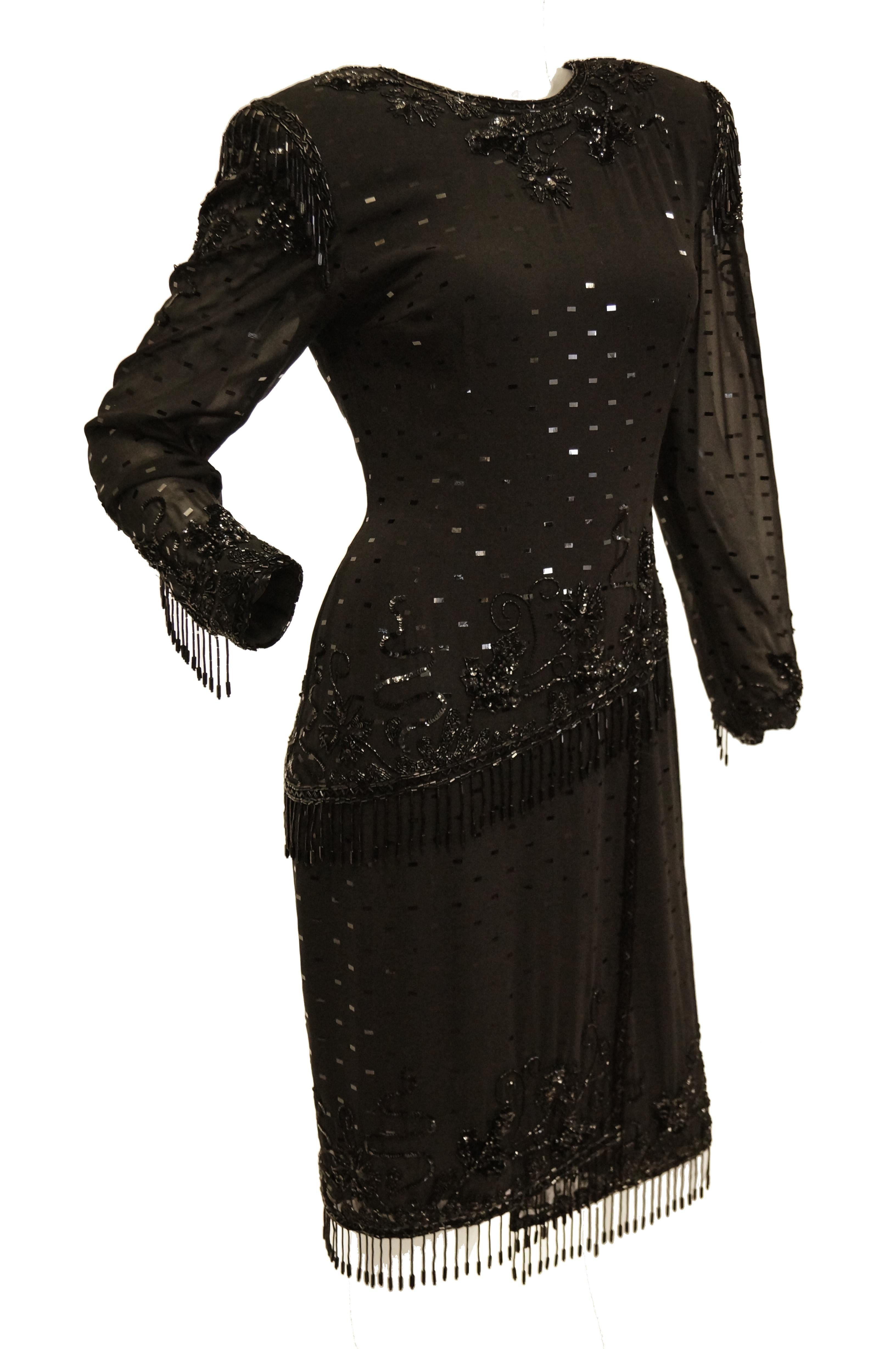 1980s Fabrice Black Silk Cocktail Dress with Floral Beading and Tassel In Excellent Condition For Sale In Houston, TX