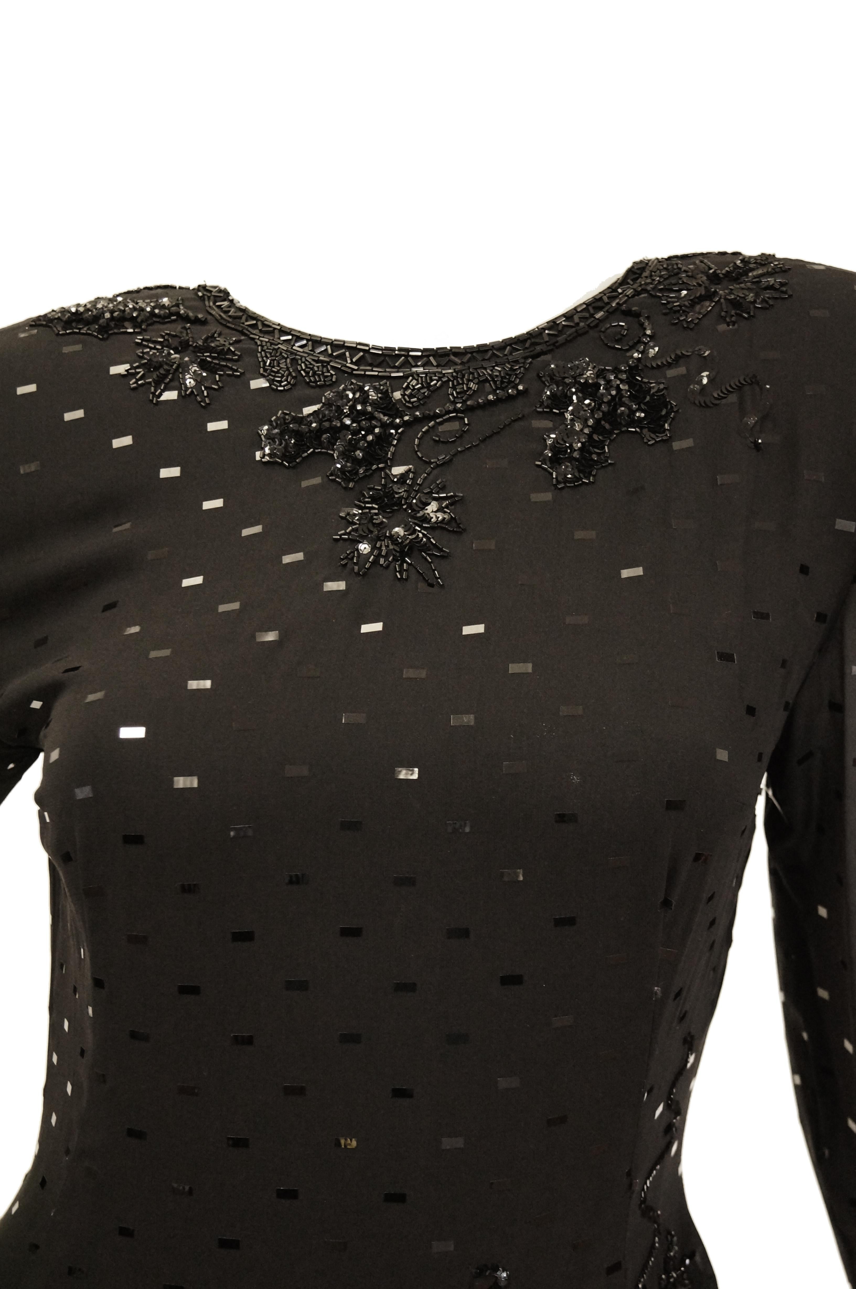 Women's 1980s Fabrice Black Silk Cocktail Dress with Floral Beading and Tassel For Sale