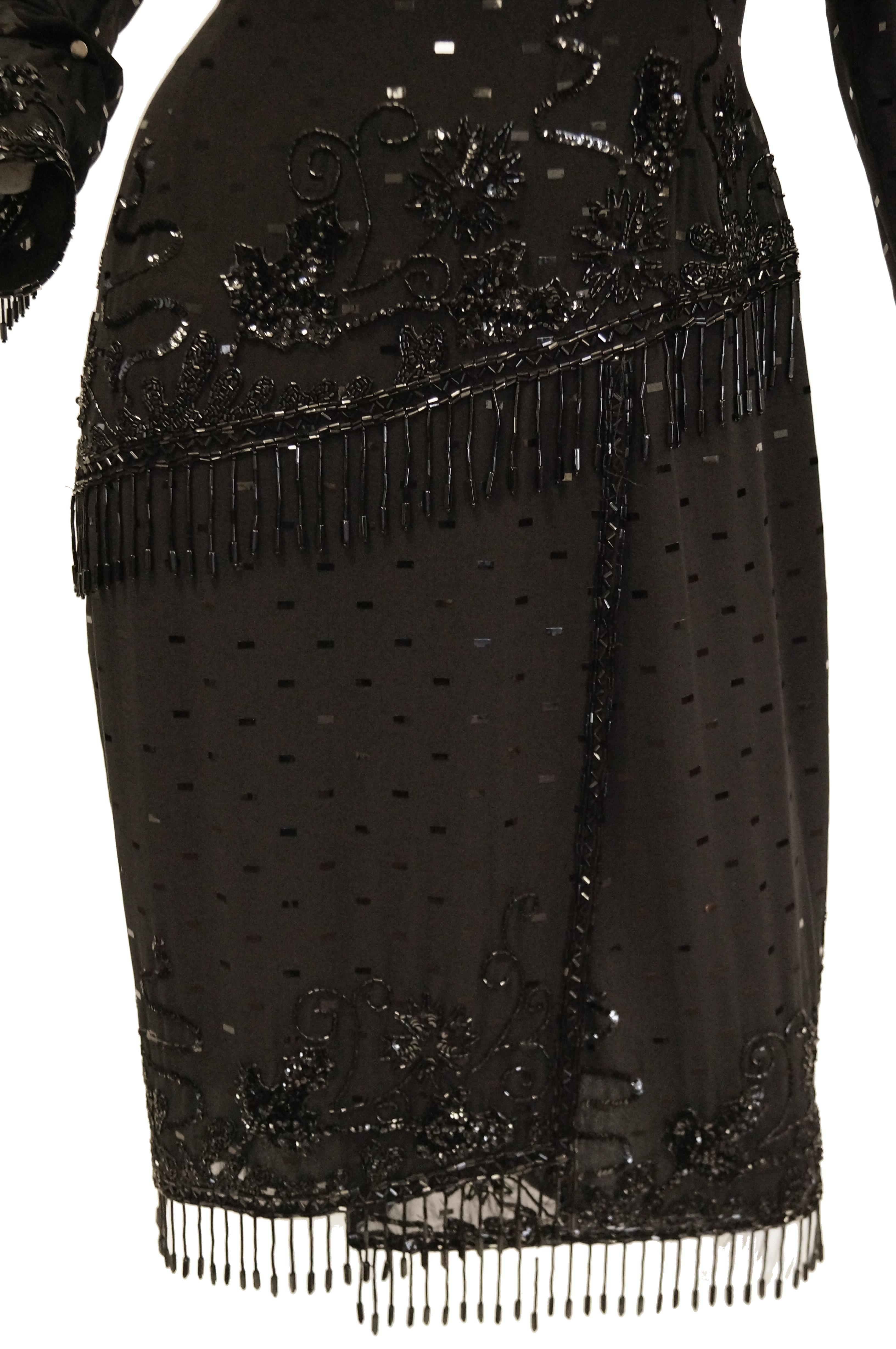 1980s Fabrice Black Silk Cocktail Dress with Floral Beading and Tassel For Sale 1