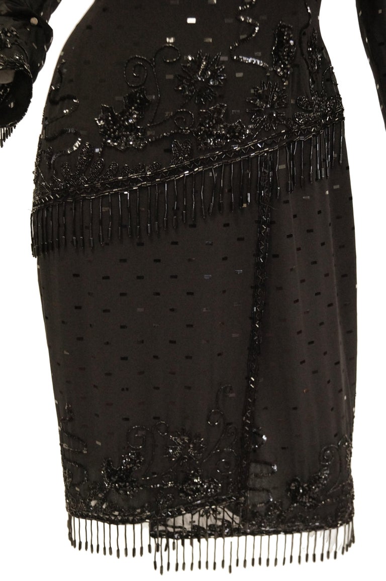 1980s Fabrice Black Silk Cocktail Dress with Floral Beading and Tassel ...