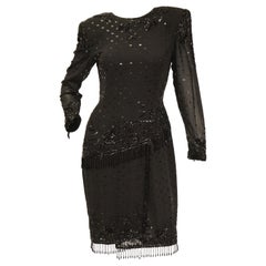 Vintage 1980s Fabrice Black Silk Cocktail Dress with Floral Beading and Tassel