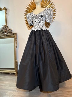1980s Fabrice Couture Black Silk Ball Gown w White Baroque Bead & Sequin Bodice