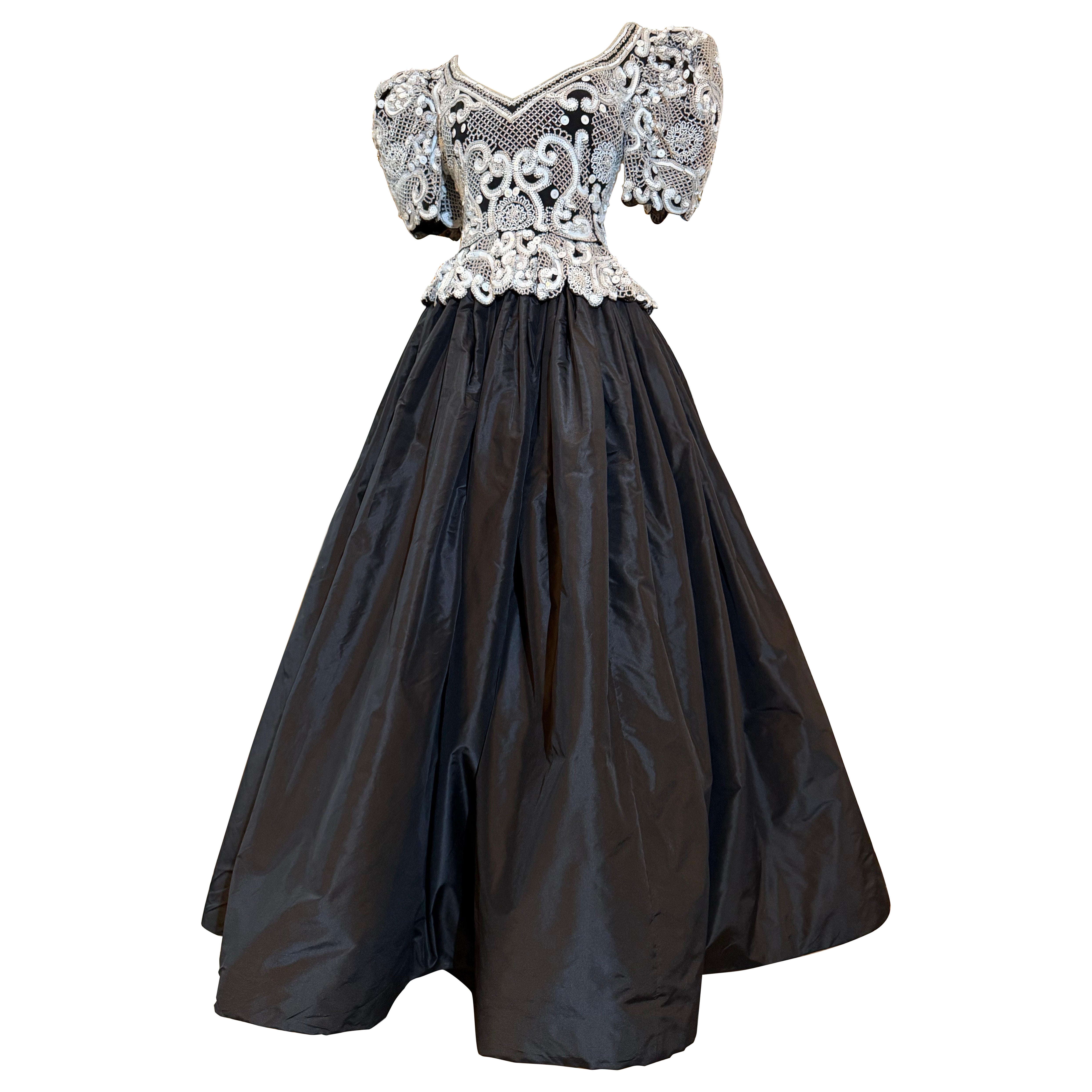 1980s Fabrice Couture Black Silk Ball Gown w White Baroque Bead
Sequin Bodice