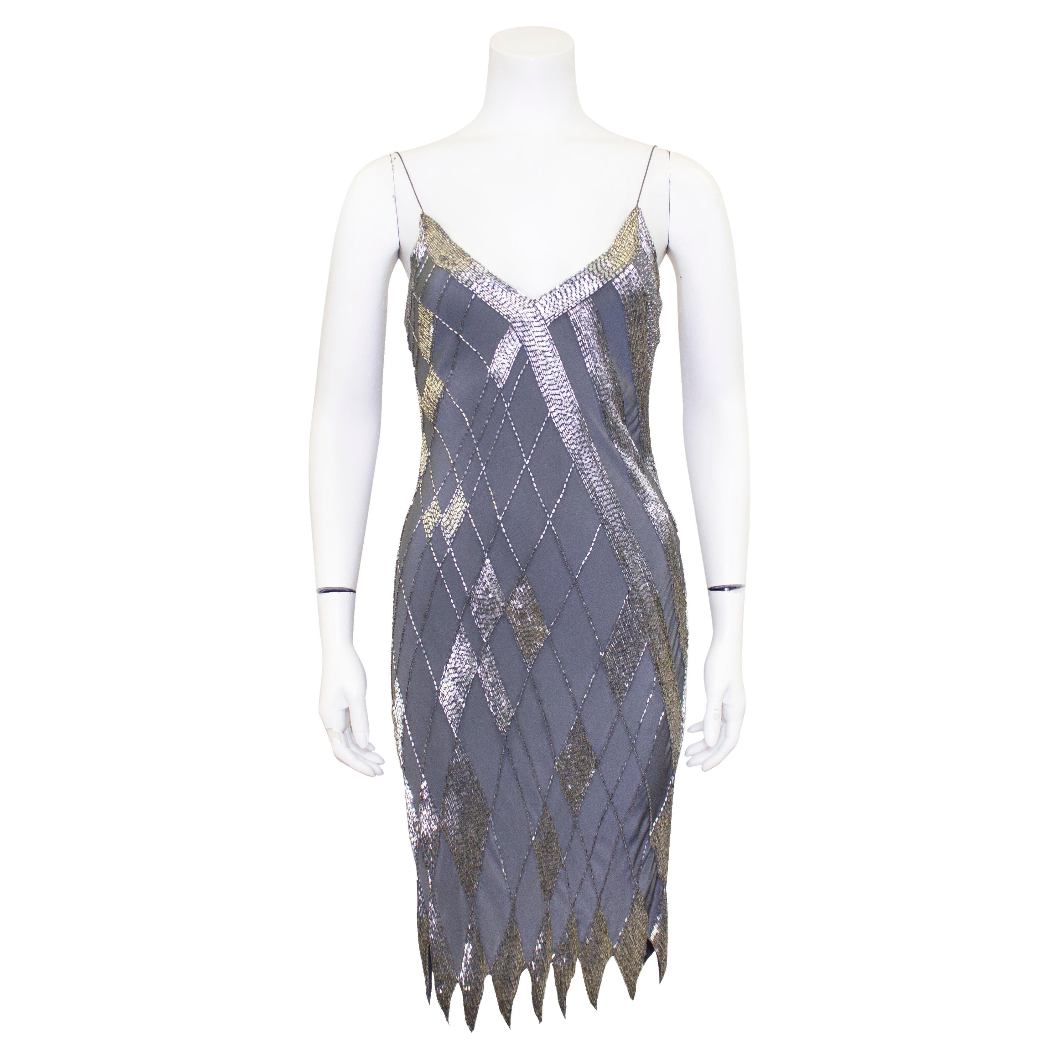 1980s Fabrice Grey Beaded Cocktail Dress For Sale
