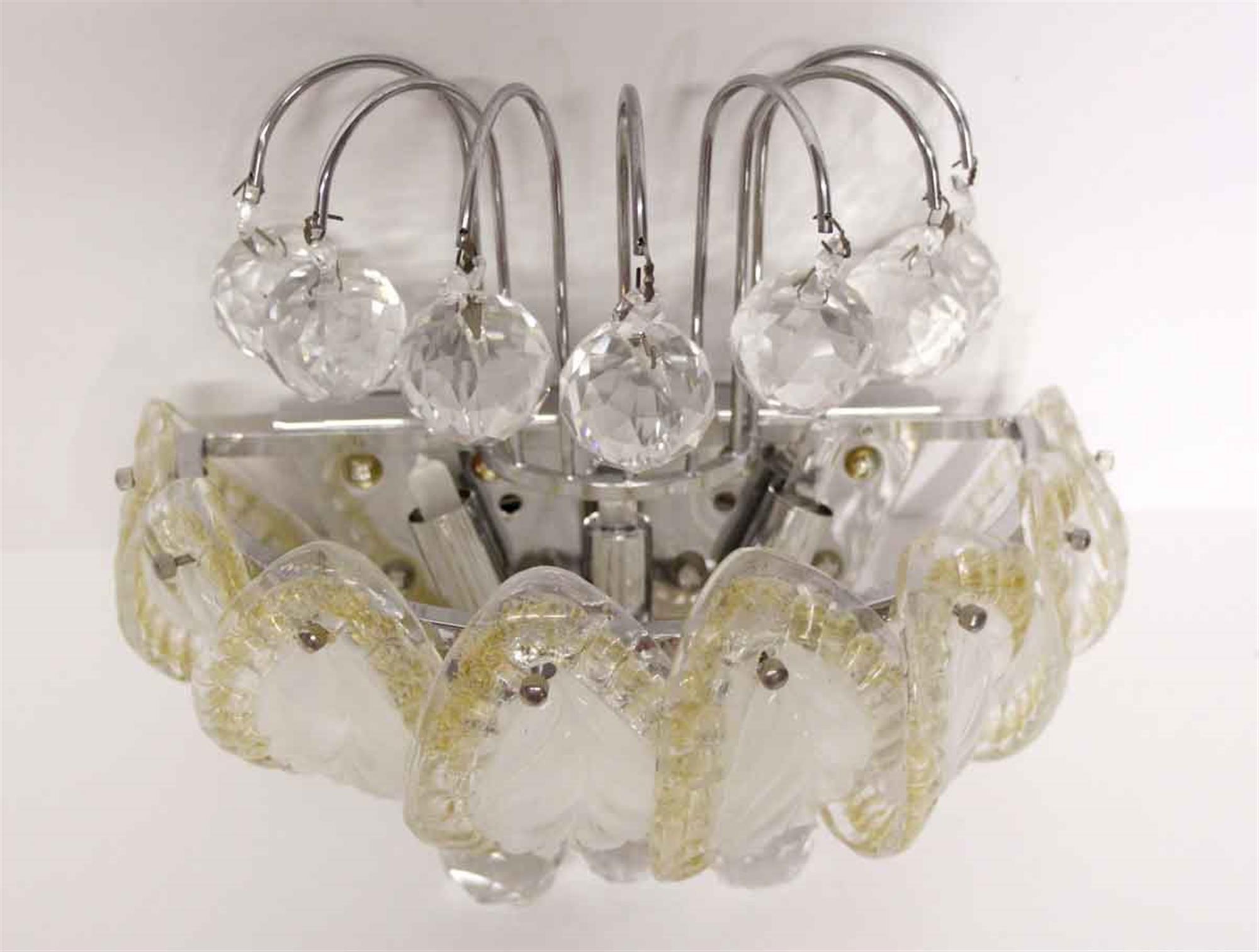 1980s Faceted Crystal Sconce with Glass Leaves In Excellent Condition In New York, NY