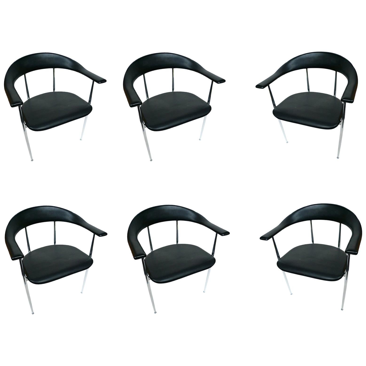 1980s Fasem Chrome and Black Rubber Dining Chairs, a Set of 6