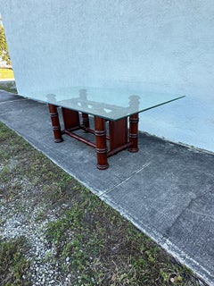 1980s Faux Bamboo and Cane Glass Dining Table