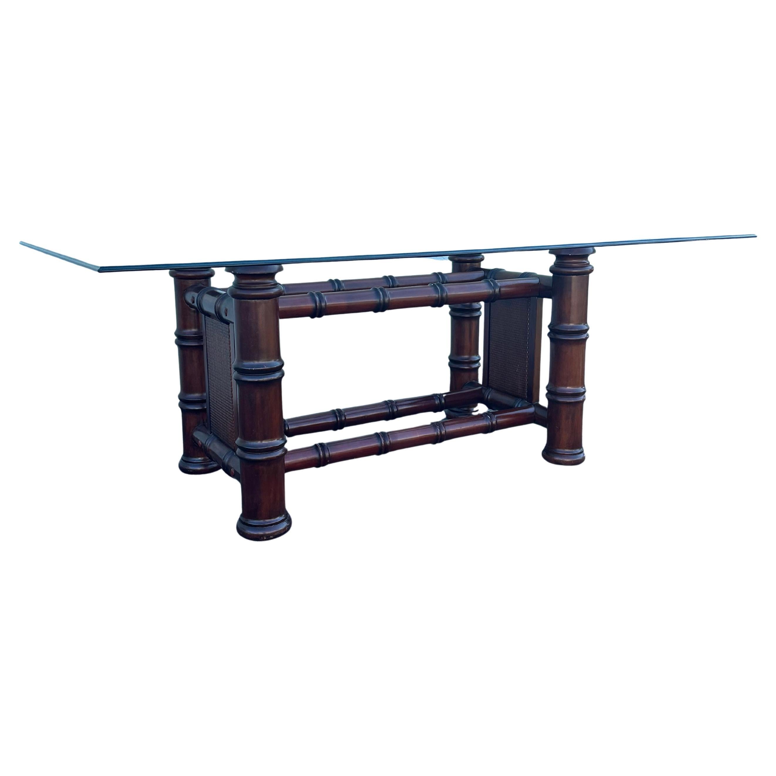1980s Faux Bamboo and Cane Glass Dining Table