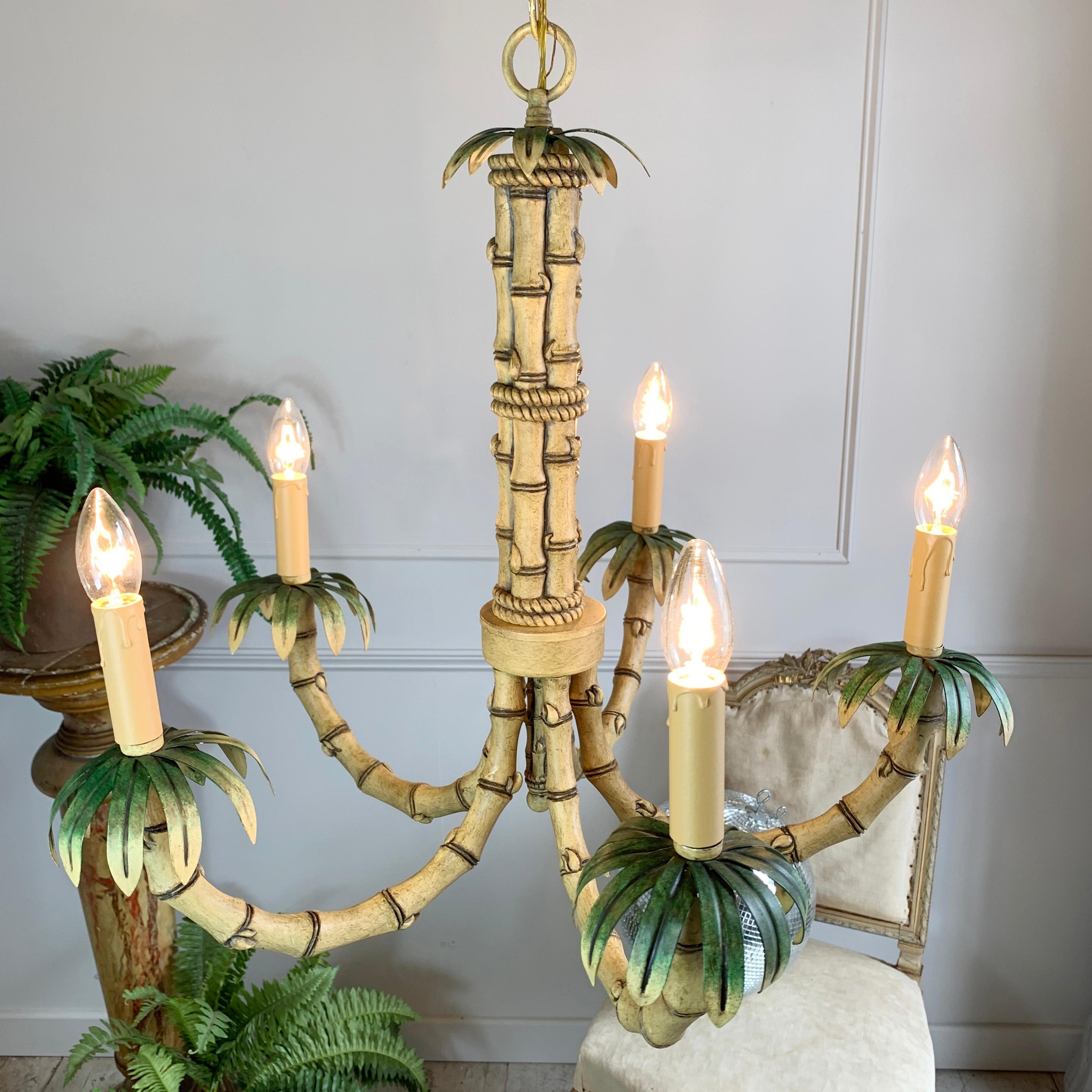Metal 1980’s Green Faux Bamboo Chandelier For Sale