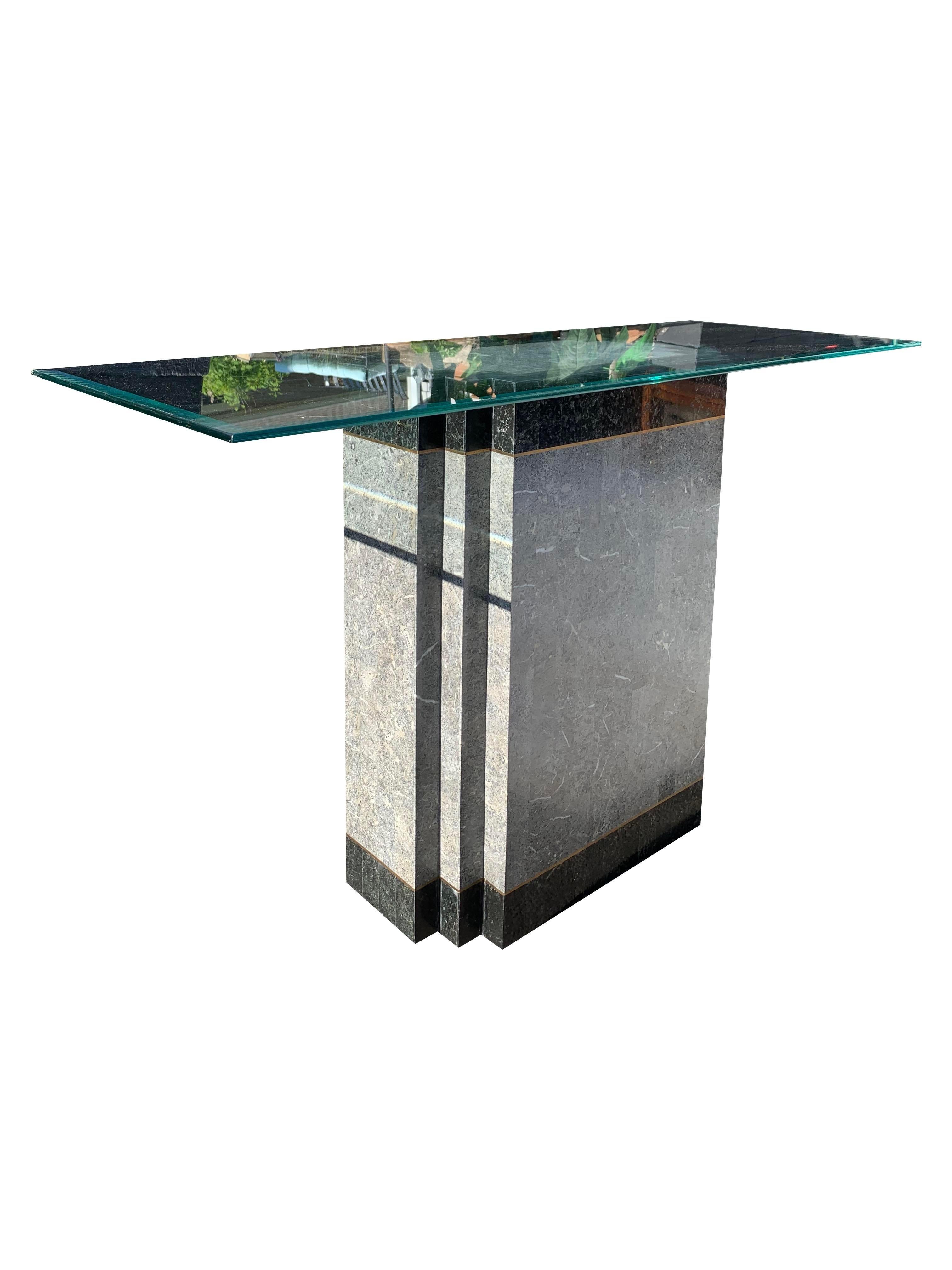 1980s Faux Marble Modern Tessellated Deco Console Glass Table For Sale 4