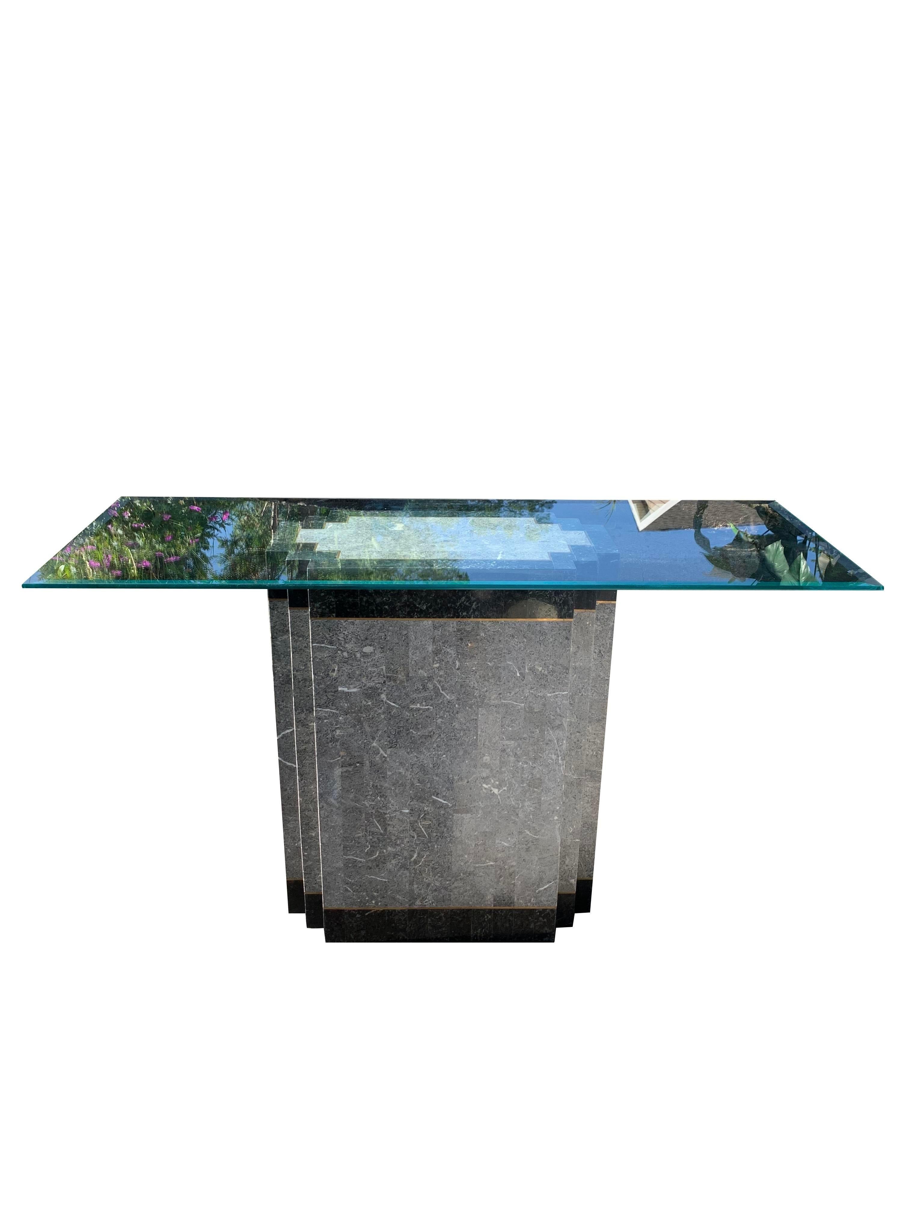 1980s Faux Marble Modern Tessellated Deco Console Glass Table For Sale 5