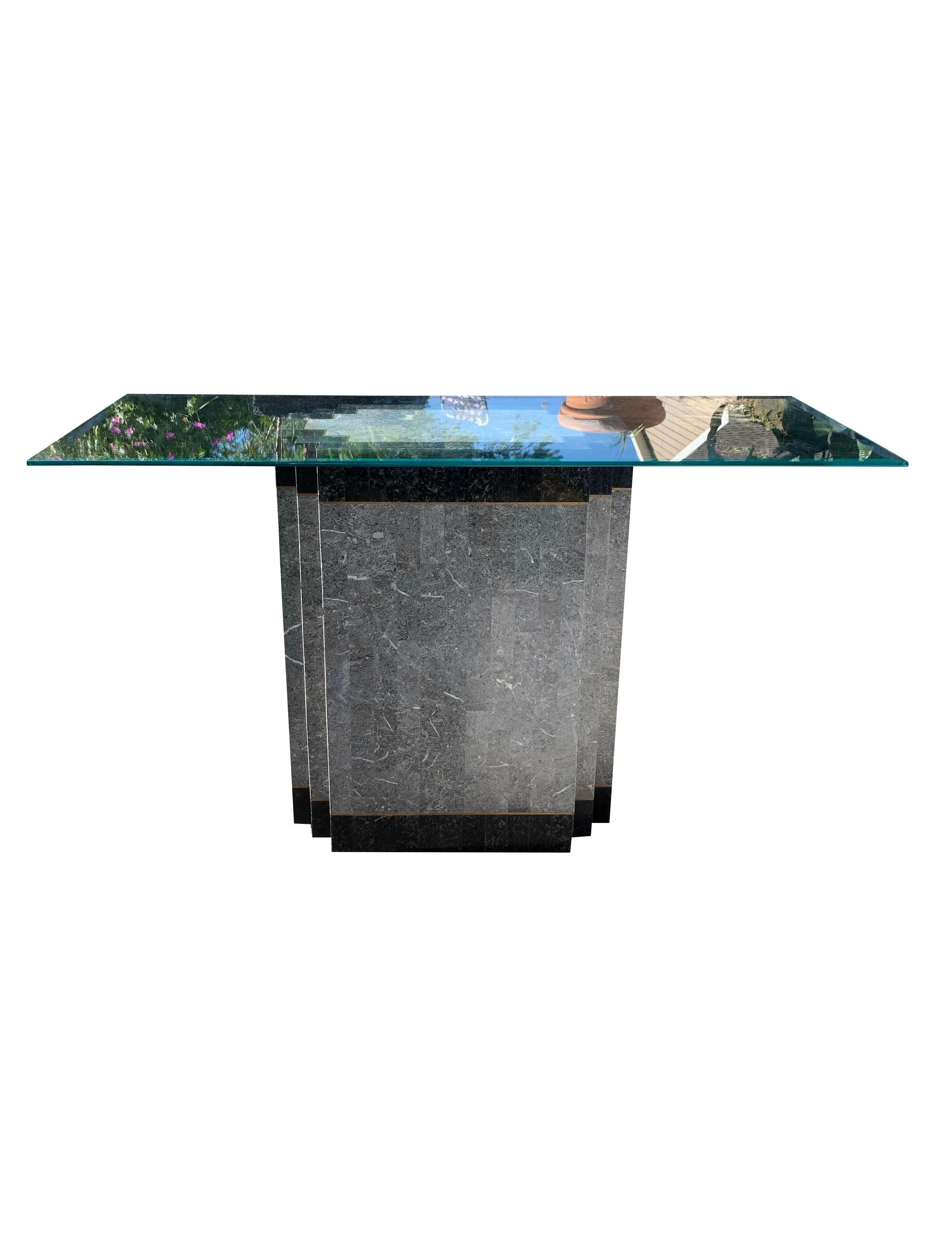 American 1980s Faux Marble Modern Tessellated Deco Console Glass Table For Sale